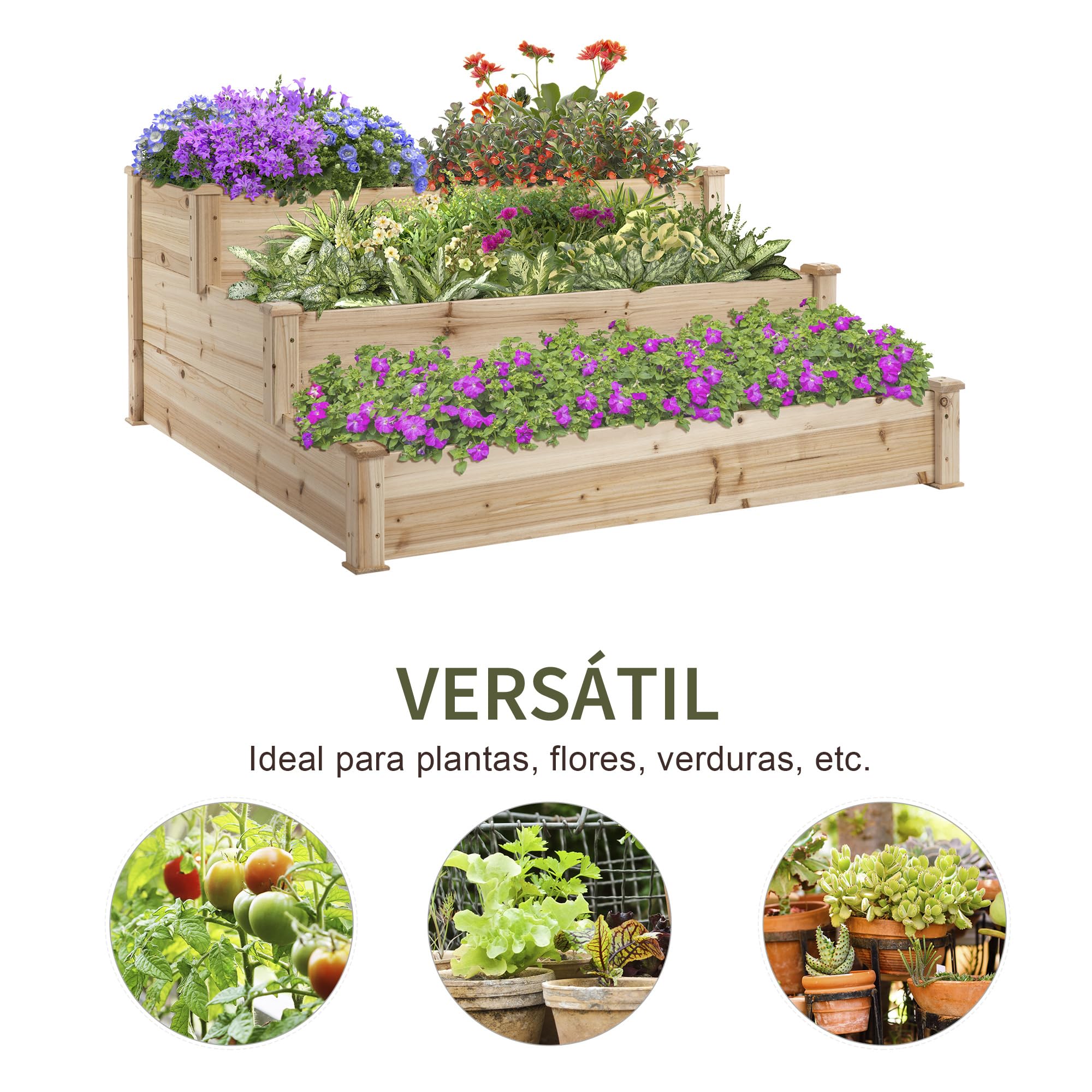 Outsunny Jardinera Exterior Grande de Madera Arriate de Jardín de 3 Niveles con Diseño de Escalera Huerto Urbano para Cultivos Plantas Flores para Patio Terraza Balcón 120x120x56 cm Natural
