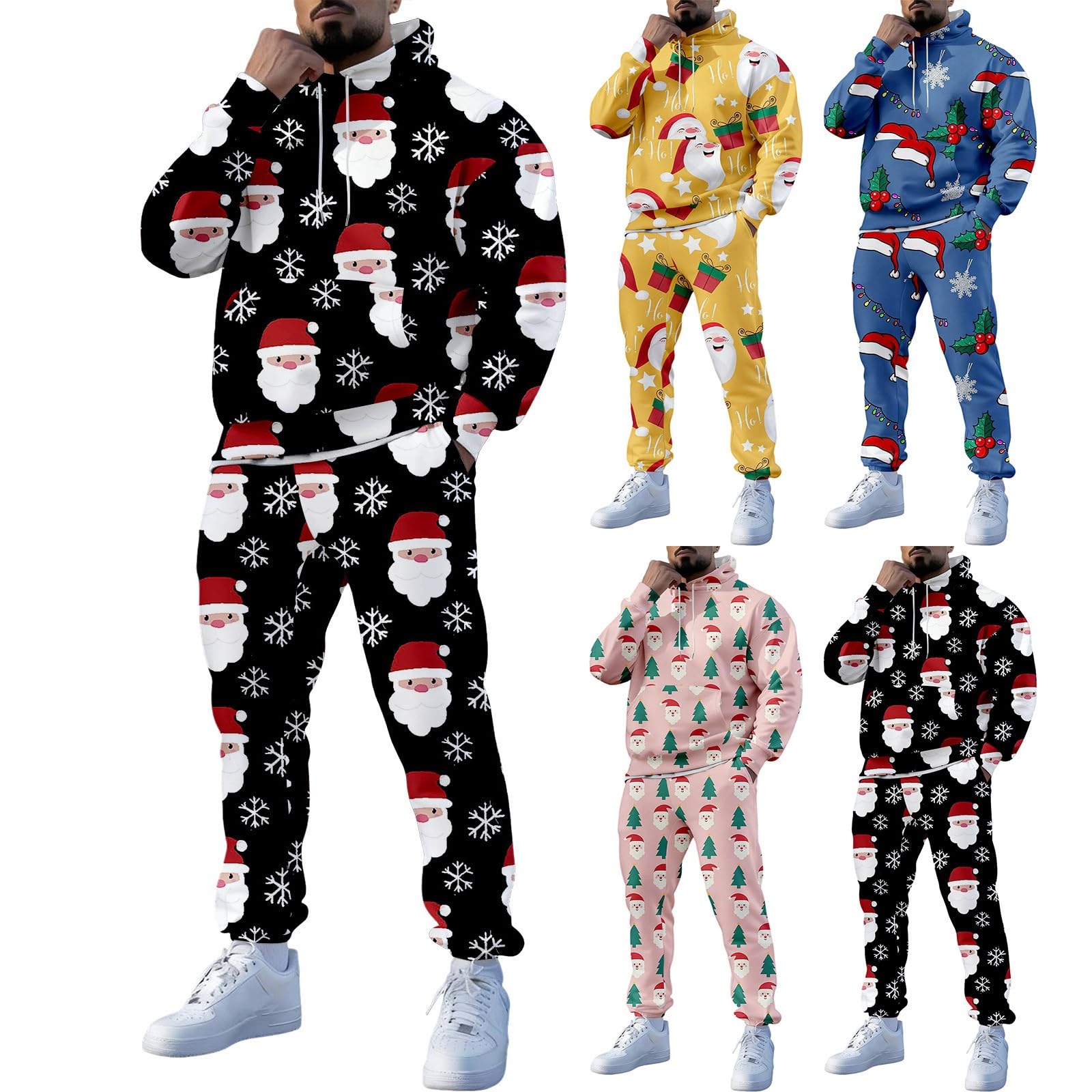 2 szt. Męskie kostiumy świąteczne śmieszne dresy Świętego Mikołaja ponadgabarytowy dres świąteczny z kapturem z długim rękawem i spodnie dresowe zestaw do biegania wakacje sport siłownia ubrania z