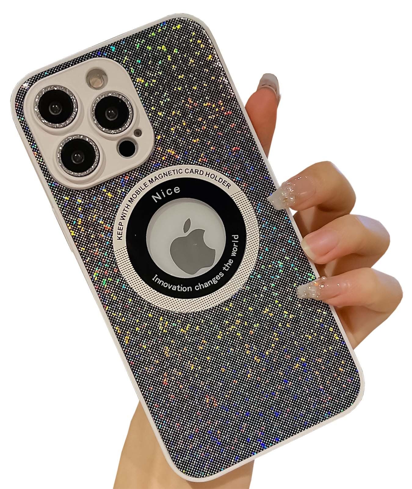 KERZZILLuxury Bling Glitter Magnetic Compatible with iPhone 13 Pro 6.1-inch case, Slim Girly Trendy Elegent Sparkle Camera Lens Protector Leather Soft TPU Cover Cases for Women Girls(Black)