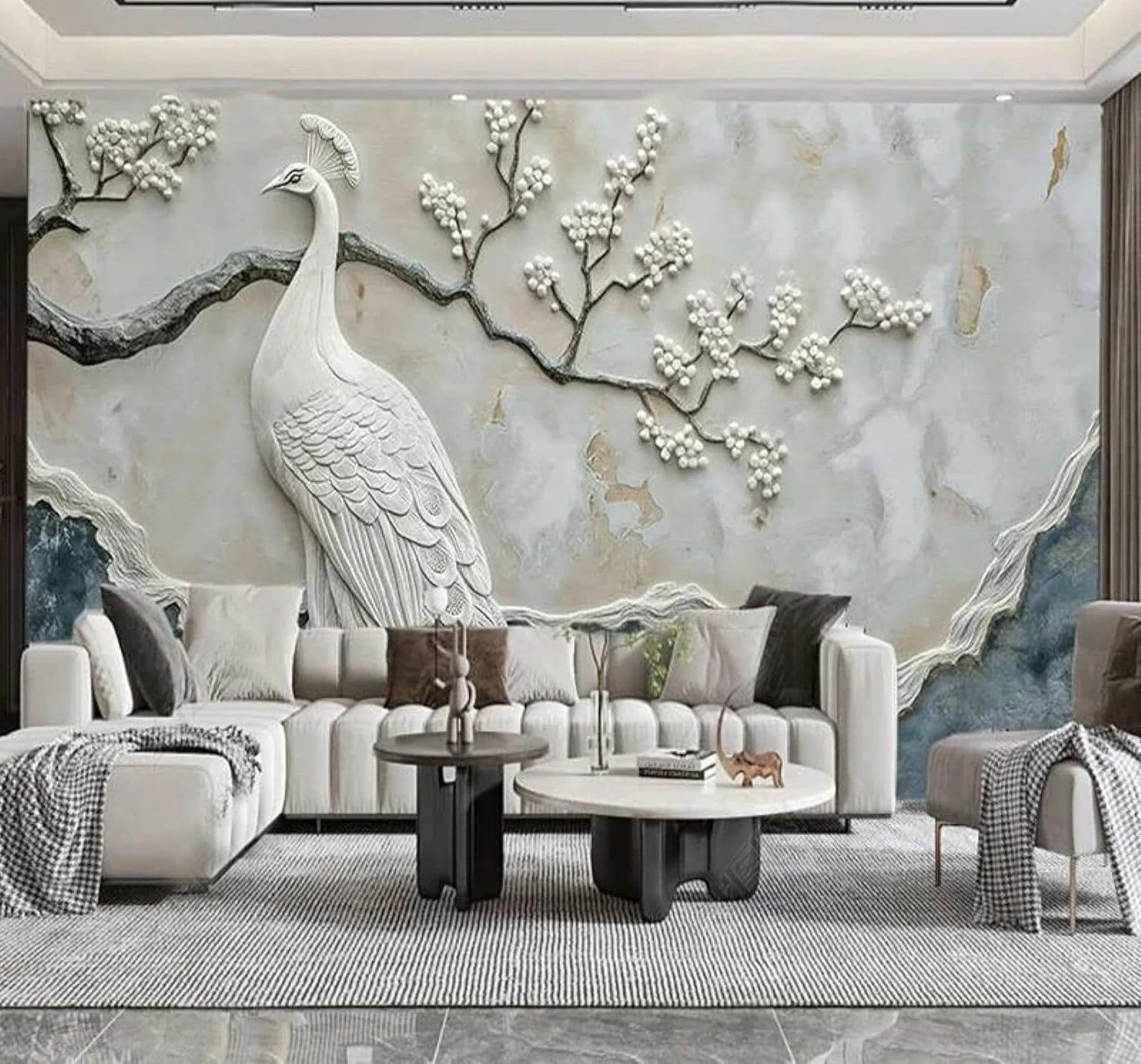 XLMING Relief Peacock Branches Marble Effect Texture 3D Wallpaper Luxury Home Dining Decor Paste Sofa Living Room The Wall for Bedroom Mural-400cm×280cm