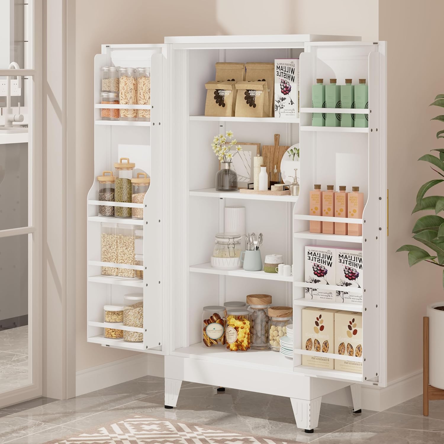 47.24" Kitchen Pantry Cabinet, Metal Food Pantry Storage Cupboard with 2 Doors and 3 Adjustable Shelves, Freestanding Buffet Sideboard for Kitchen, Dining Room, Living Room and Bathroom