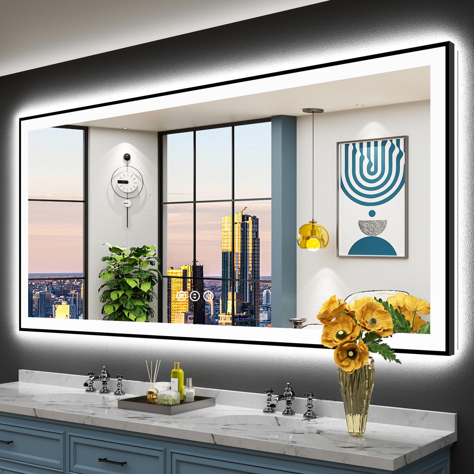 77x36 Black Framed LED Bathroom Mirror with Lights, Backlit and Front Lit Anti-Fog Lighted Vanity Mirror for Bathroom Wall, Dimmable, 3 Colors, Memory, Shatter-Proof, HD Tempered Glass, CRI 95