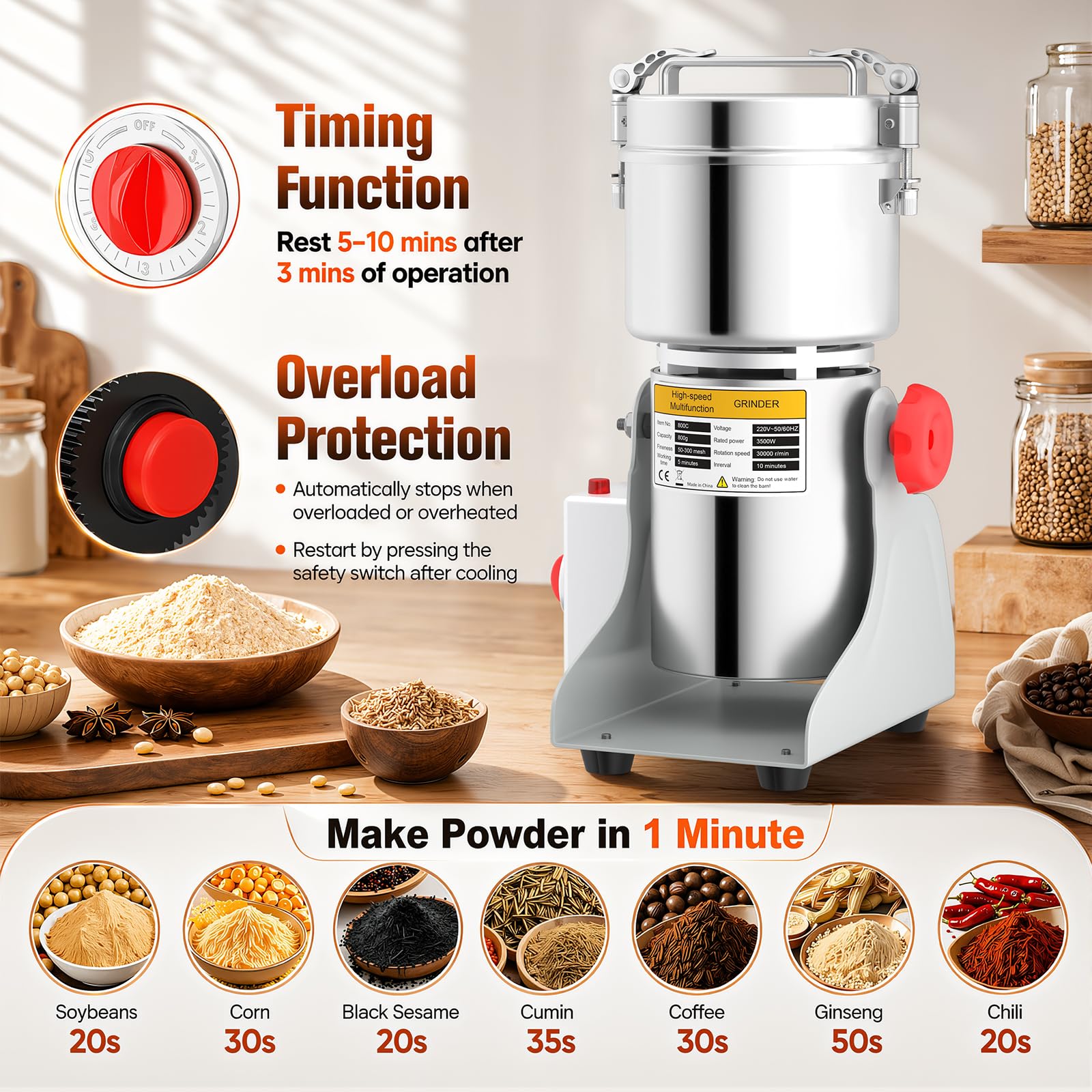 Molinillo de granos 800 g, 3500 W, 30000 RPM, eléctrico de especias con temporizador 5 min y tamiz, acero inoxidable, para hierbas, frutos secos, granos de café, uso doméstico y comercial