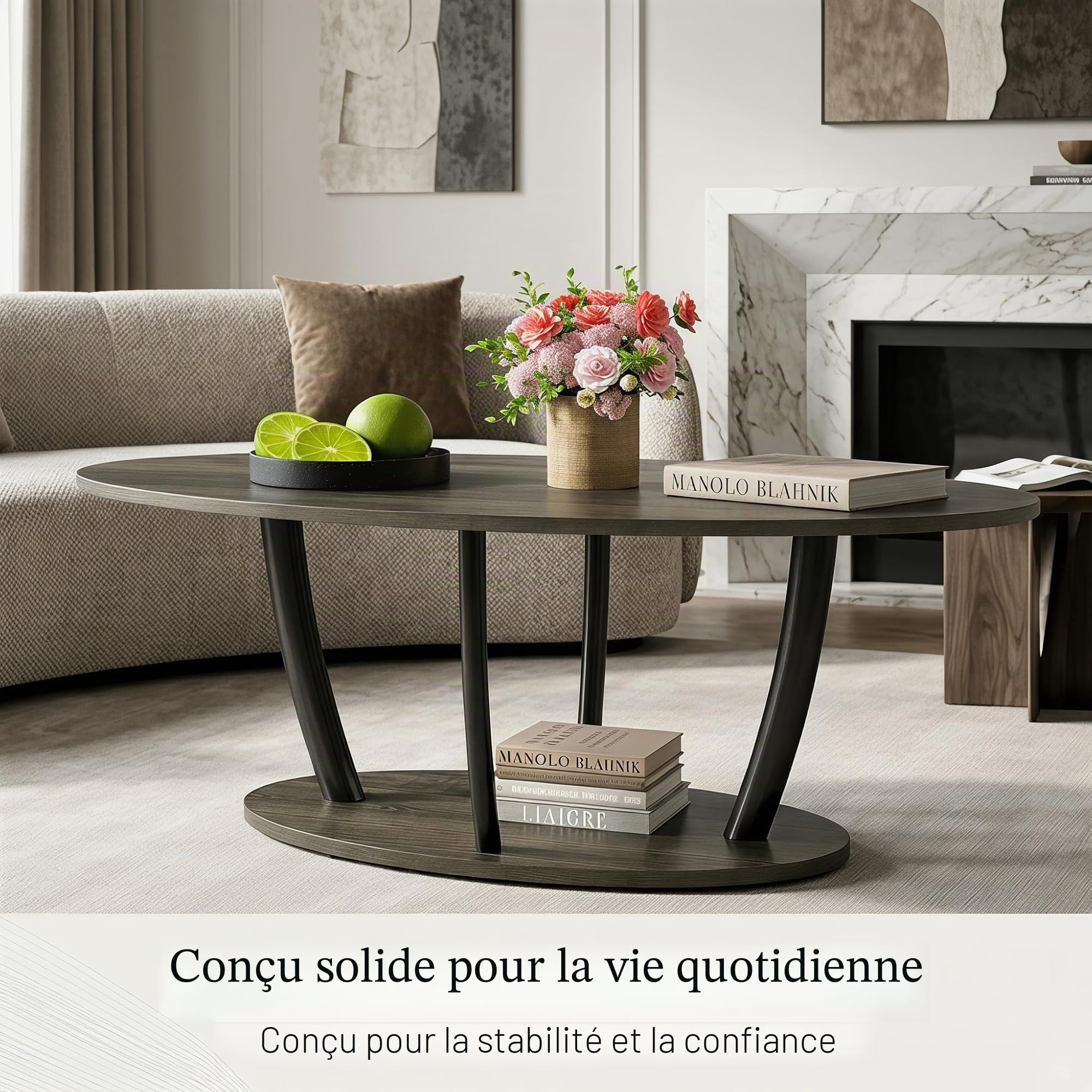 Manora Table basse ovale moderne du milieu du siècle, petites tables basses à 2 niveaux pour salon, table centrale avec étagère de rangement, gris