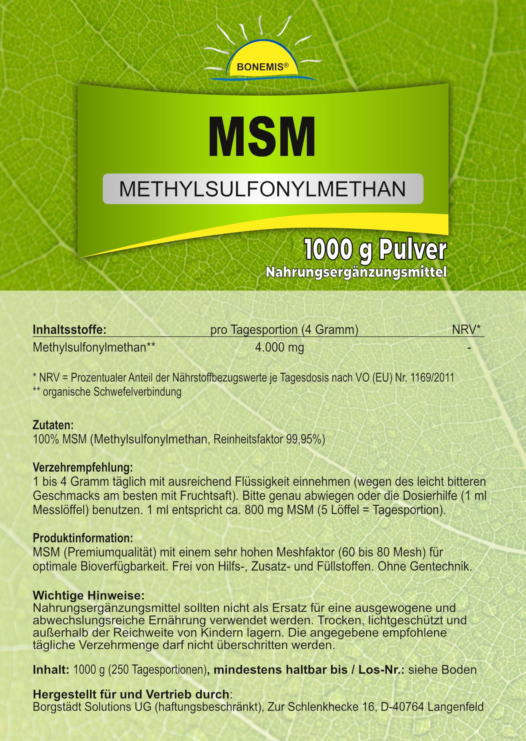 Premium MSM Pulver, 3 kg (3 Beutel à 1 kg), 99,96% Reinheitsgrad, 60-80 Mesh, ohne Siliziumdioxid, ohne DMSO-Rückstände