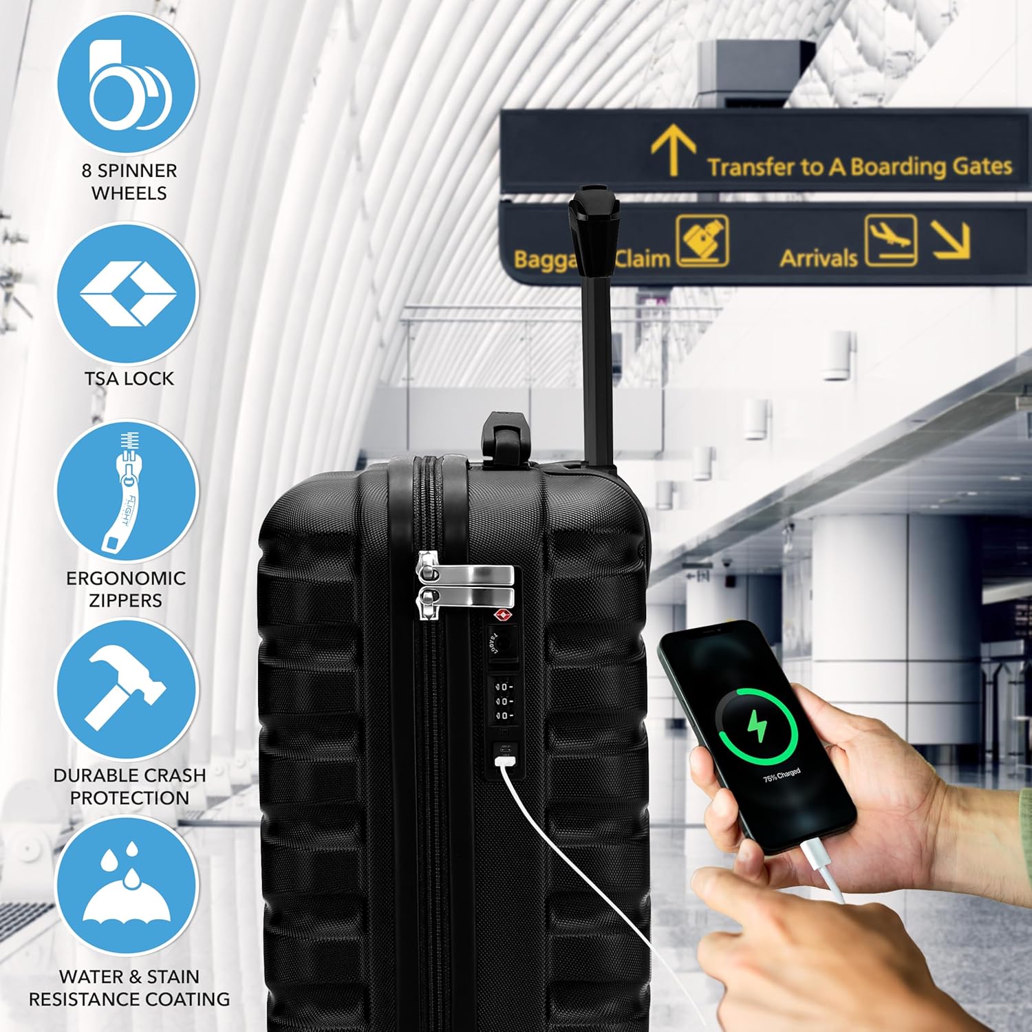 Flight Knight Carry On Suitcase 16.25x13.5x8 Hardside TSA Lock USB Port Lightweight Luggage Silent Double Spinner Wheels Maximum Underseat Carry-On Bag For Virgin South West Approved Black - Image 5