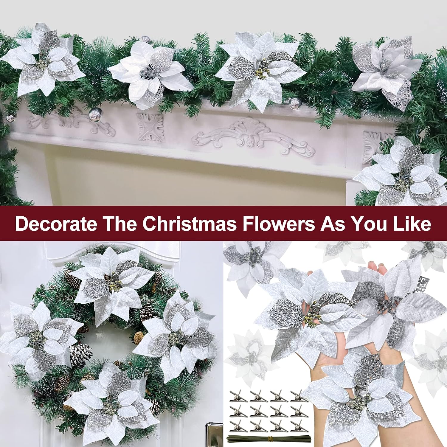 [Stems & Clips] 12 Pack 8.7 Inch Large Christmas Glitter Silver Poinsettia Artificial Silk Flowers Picks Christmas Tree Ornaments Decorations for Christmas Tree Wreaths Garland Decoration(Silver)
