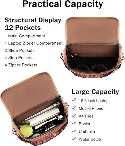 Miniatura 4 de FADEON Laptop Backpack for Women Leather Travel Backpack with Laptop Compartment, Designer Ladies Computer Backpacks Brown