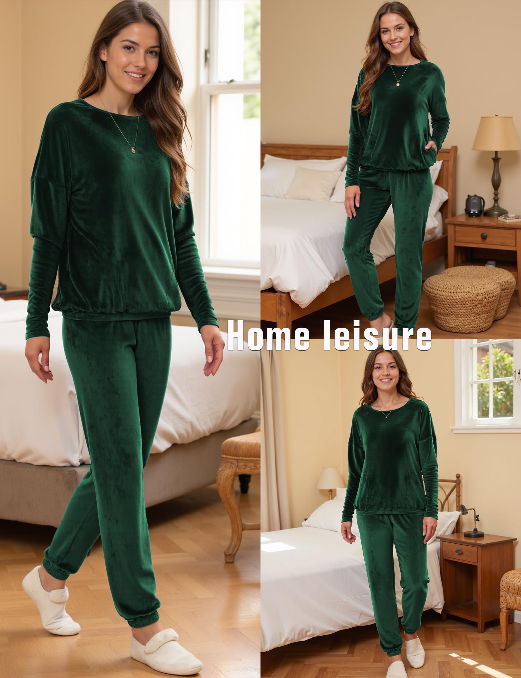 Pyjama Velours Femme Hiver à Manches Longues Ensemble Survêtement Col Rond Chaud Confortable Vêtements de Nuit Maison Décontracté