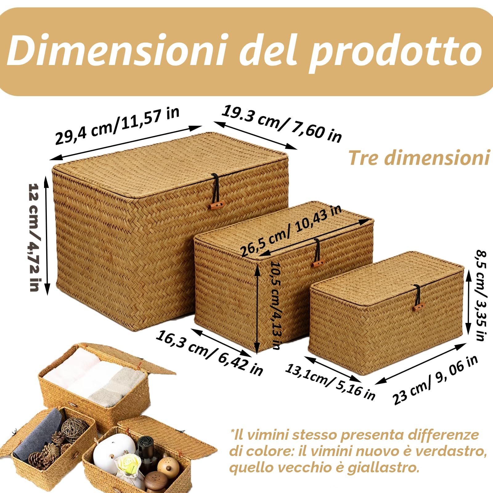 Cesto Portaoggetti in Rattan Intrecciato, Set di 3 Cestini Portaoggetti in Vimini con Coperchio, Cesta in Vimini di Seagrass, per Scaffali, Scrivania, Organizer per la CasaS(S, M, L, Arancione)