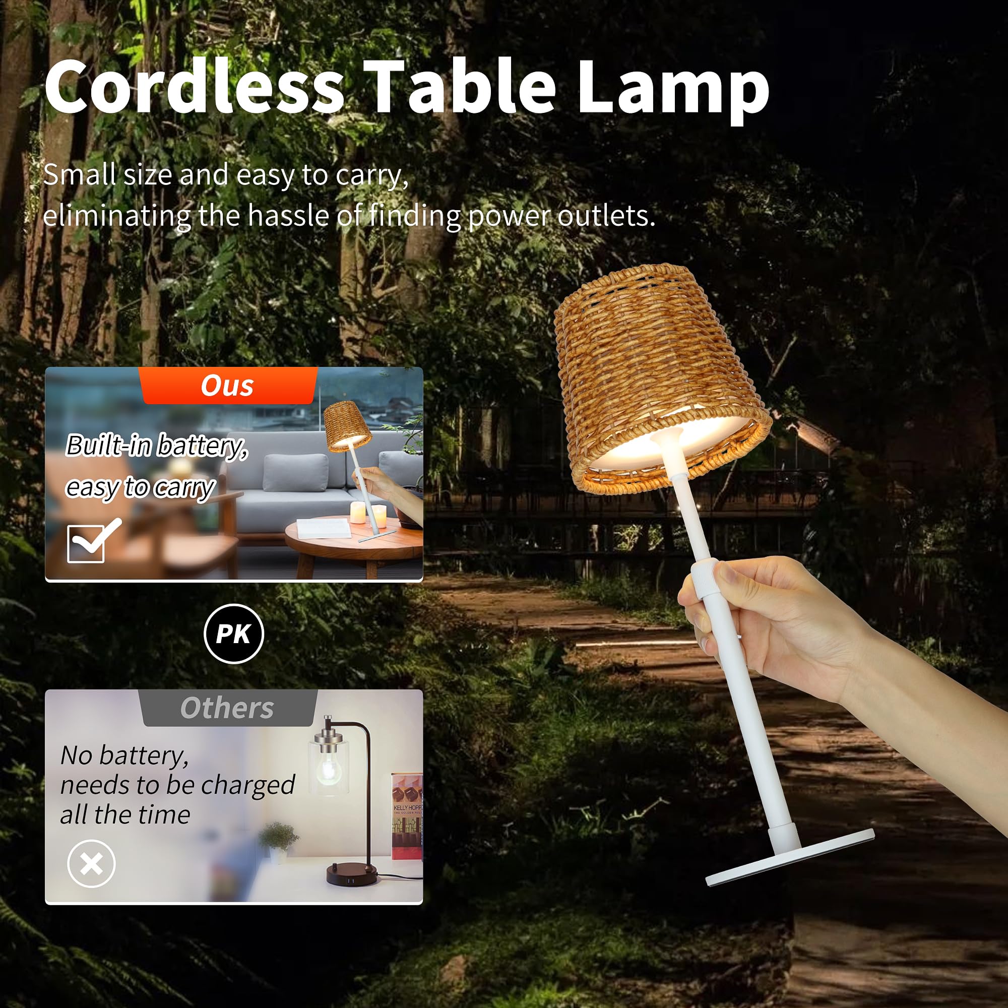 Mr.White Lampe de table d'extérieur étanche rechargeable sans fil avec abat-jour en osier, lampe de table à piles 5200 mAh avec poteau télescopique, pour terrasse, restaurant, cuisine (blanc)