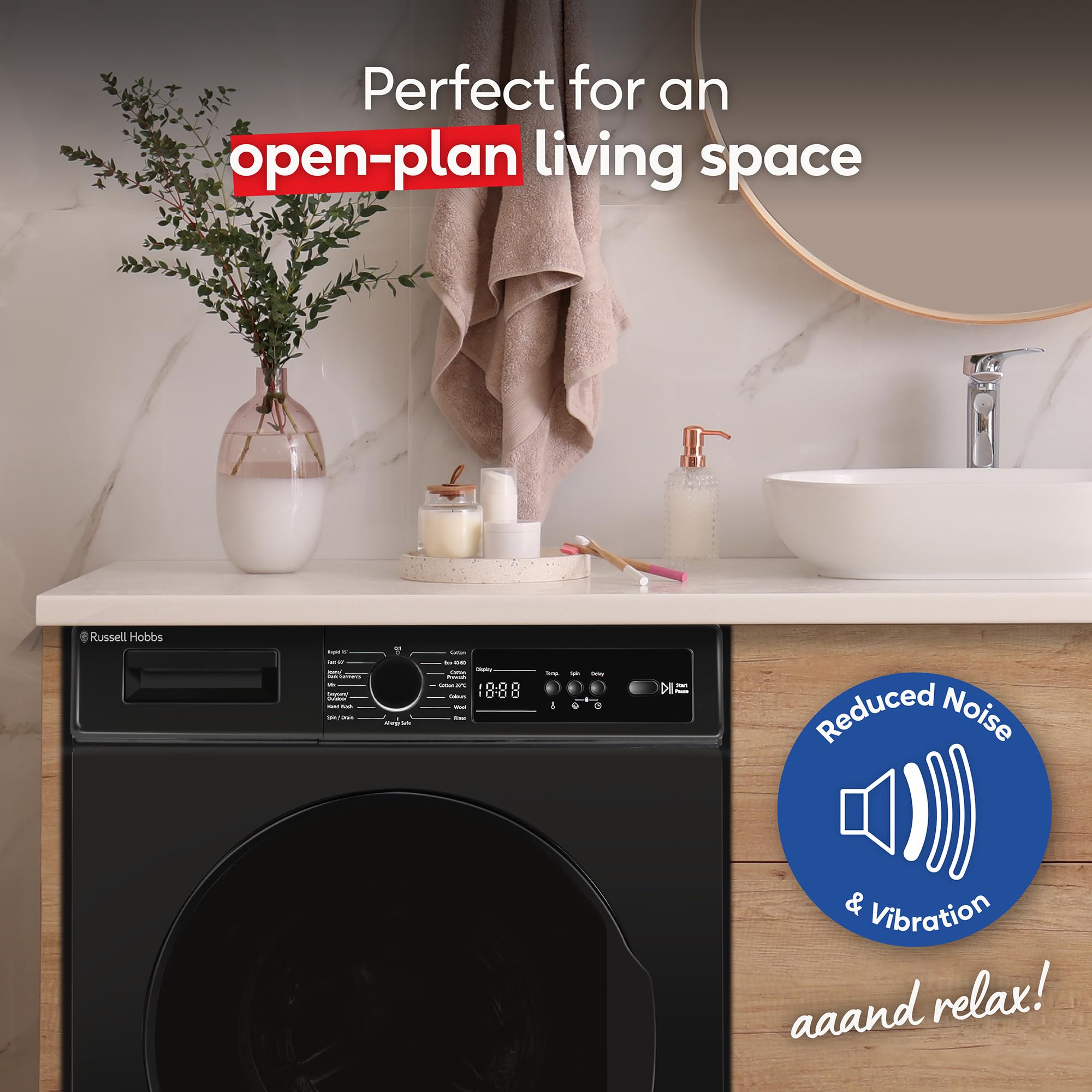 Russell Hobbs Freestanding Washing Machine, 8kg Capacity, 1400 rpm, 15 Programmes, Eco Technology, Rapid Wash Cycles, Black, RH814W111B — view 7