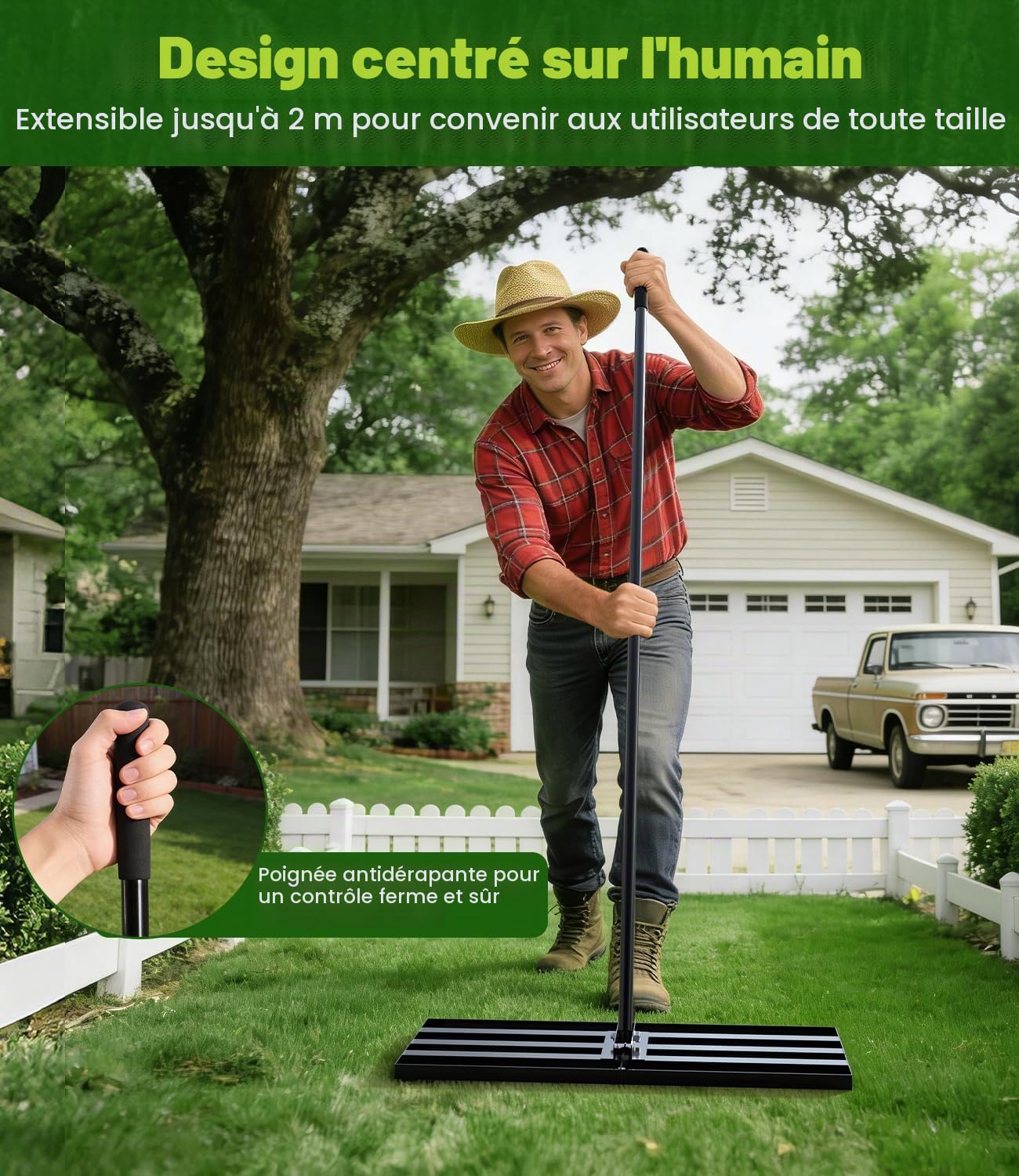 Râteau de Nivellement de Pelouse Jardin Aménagement, 2040x 760x 250 mm Râteau Niveleur Inoxydable avec Poignée de 2 m de Long, Robuste Nivellement Rateau Les Cour arrière et Les Terrain de Golf