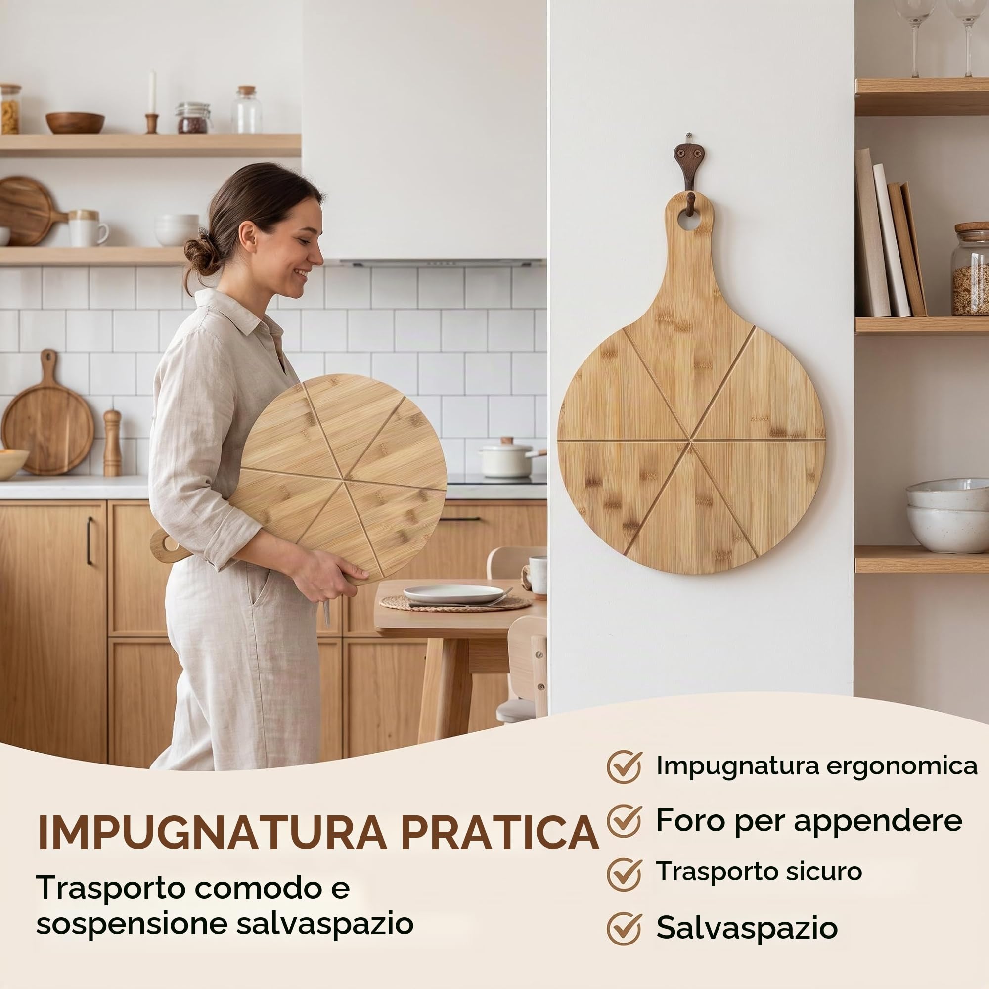 hausleben Piatto per pizza in legno da 33 cm (set da 2 da 3 a 4 pezzi) grande con manico, piattino, tagliere per pizza rotondo, tagliere per pizza e pizza (set da 6)