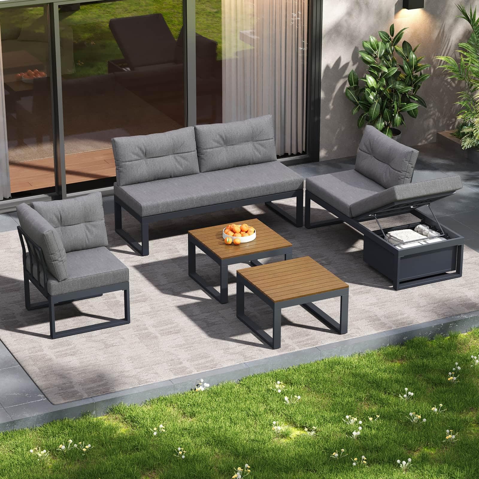 KOMHTOM Ensemble Salon de Jardin Extérieur Modulable – Canapé d'angle avec Tables Basses, Dossier Inclinable pour Terrasse, Balcon et Patio (Gris-B)