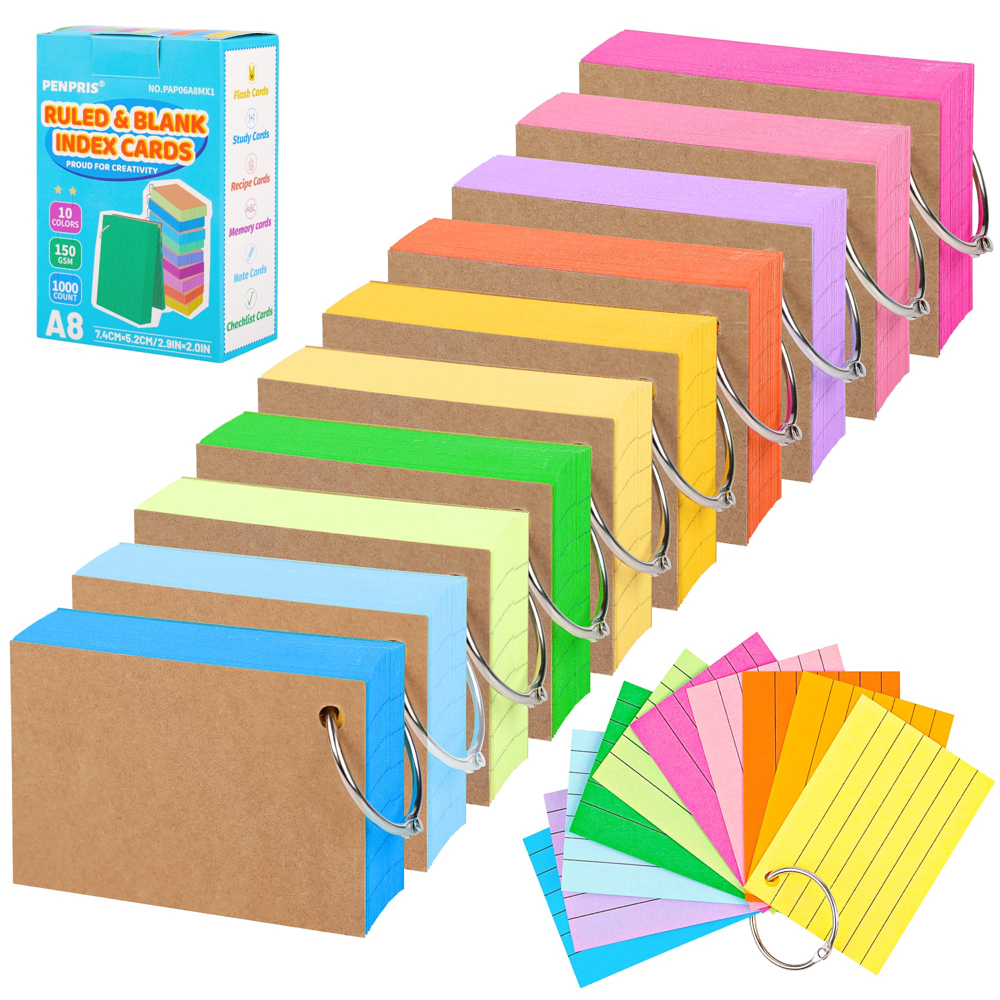 800 Fiches Colorées A8 Recto Ligné 150 g/m² 8 Couleurs Fournitures Scolaires