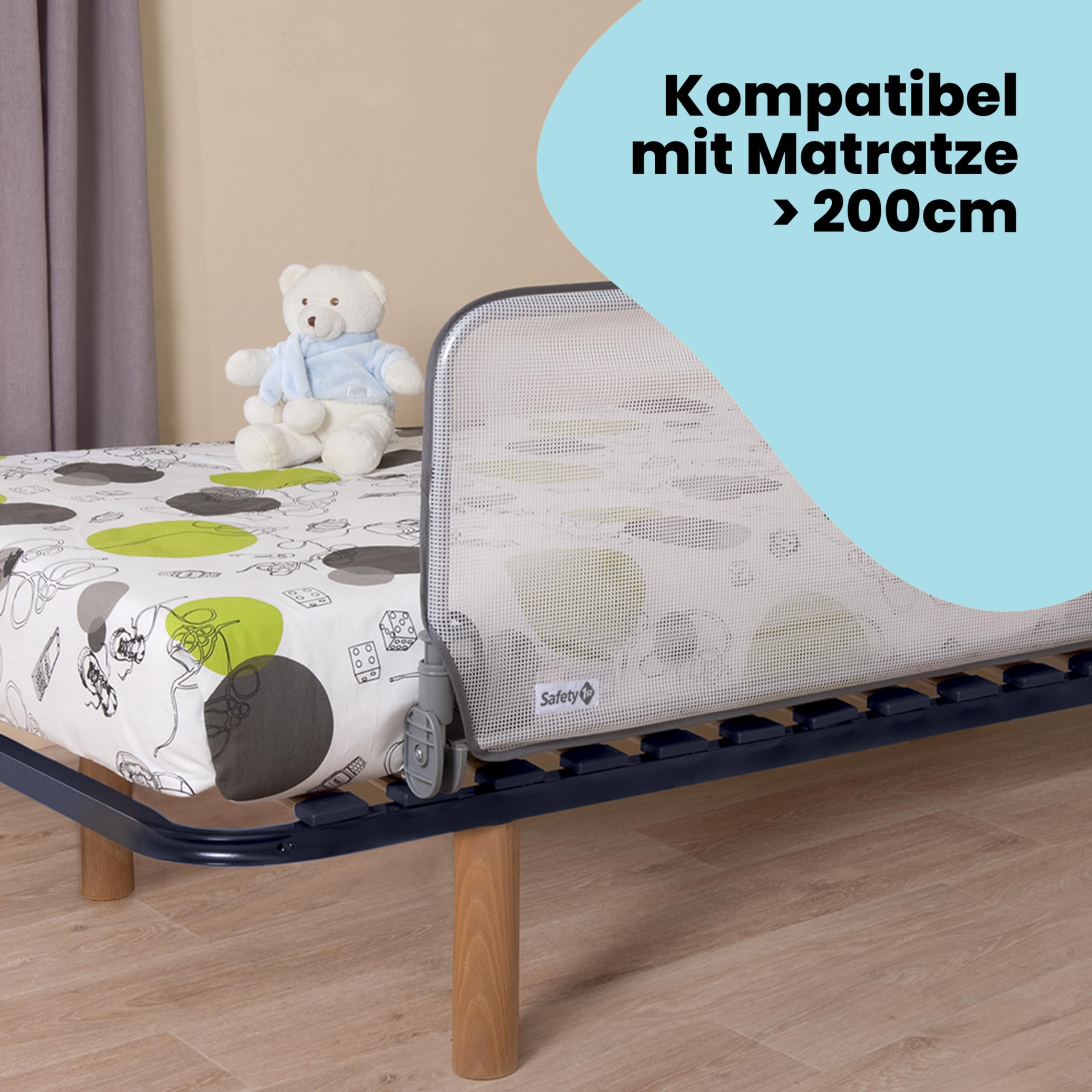 Safety 1st Extra Large Bed Rail 150 cm, Bettgitter Rausfallschutz, 18 Monate–5 Jahre, verstellbares Bettschutzgitter, Netzgewebe, automatische Sperre, einfach zu reinigen, Grau & Weiß