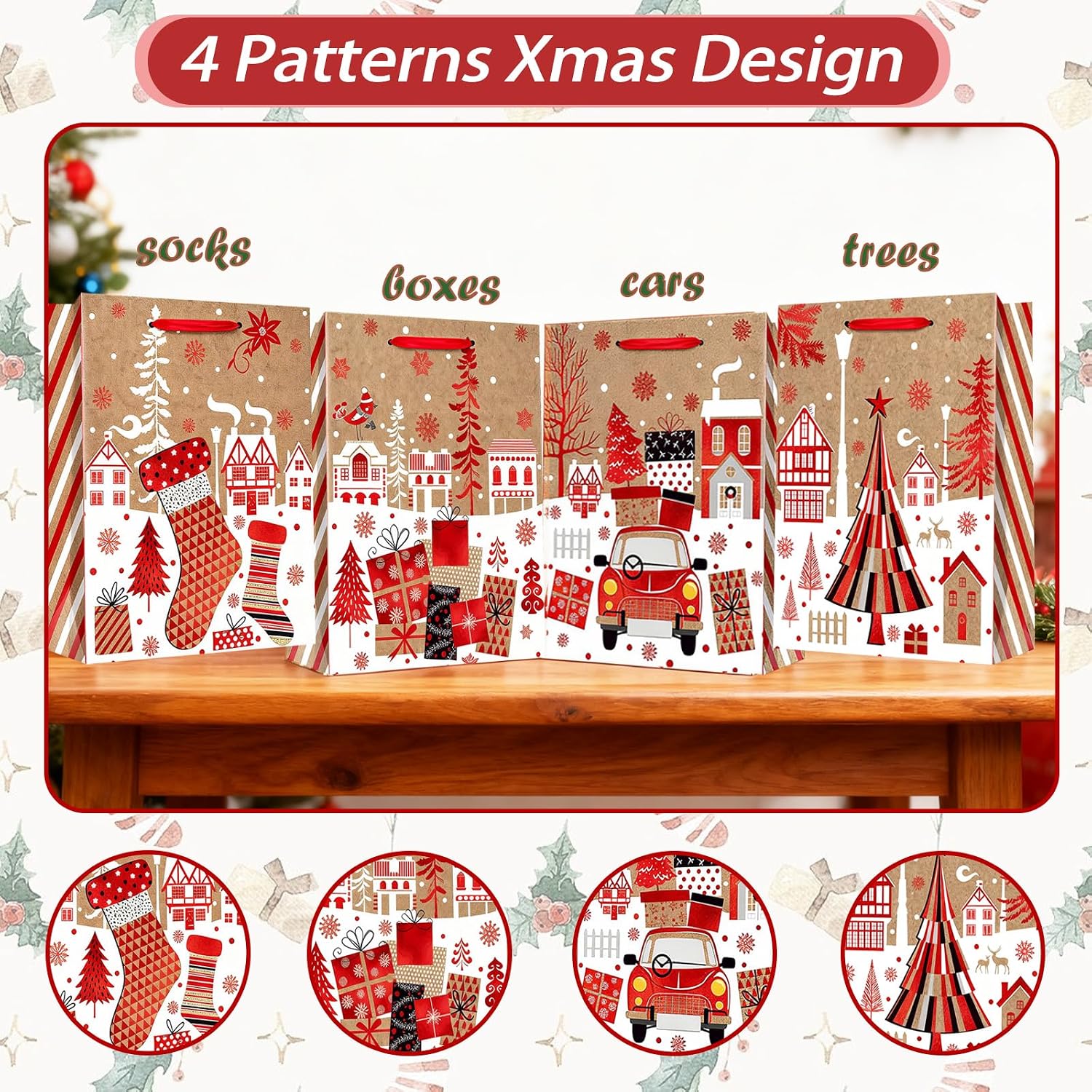 SHIPKEY 12 Pack Santa Gift Bags, Chistmas Shopping Bags with with 4 Festive Designs and 3 Sizes, Xmas Party Favor Bags for Presents, Wrapping, Shopping, Treats, and Holiday Supplies image 5