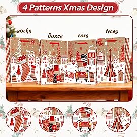 SHIPKEY 12 Pack Santa Gift Bags, Chistmas Shopping Bags with with 4 Festive Designs and 3 Sizes, Xmas Party Favor Bags for Presents, Wrapping, Shopping, Treats, and Holiday Supplies