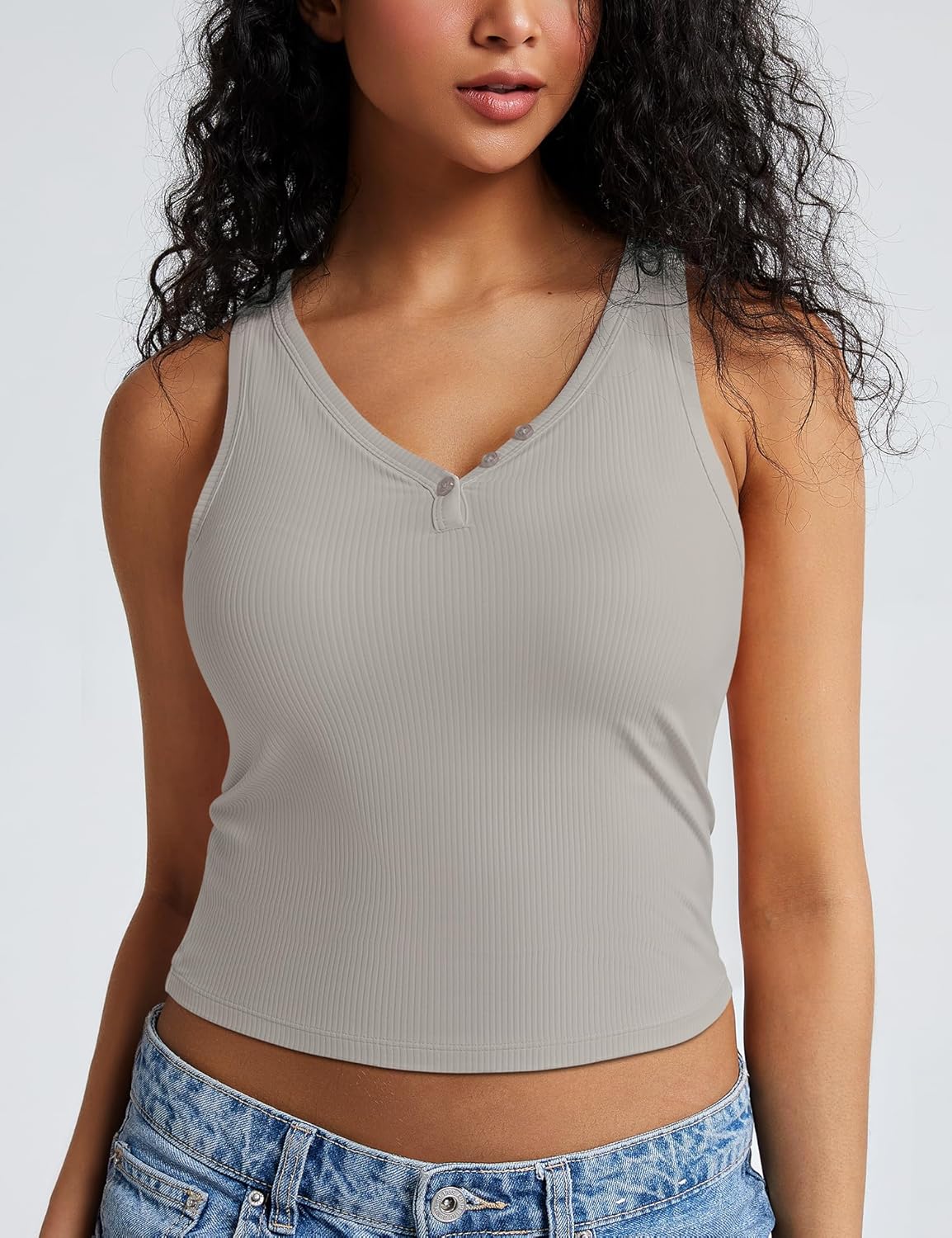 ZeroBound Racerback V Neck Tank Top Built - in Shelf Bra Ribbed Workout Top for Women Basic Going Out Top Sleeveless Garment - Image 2