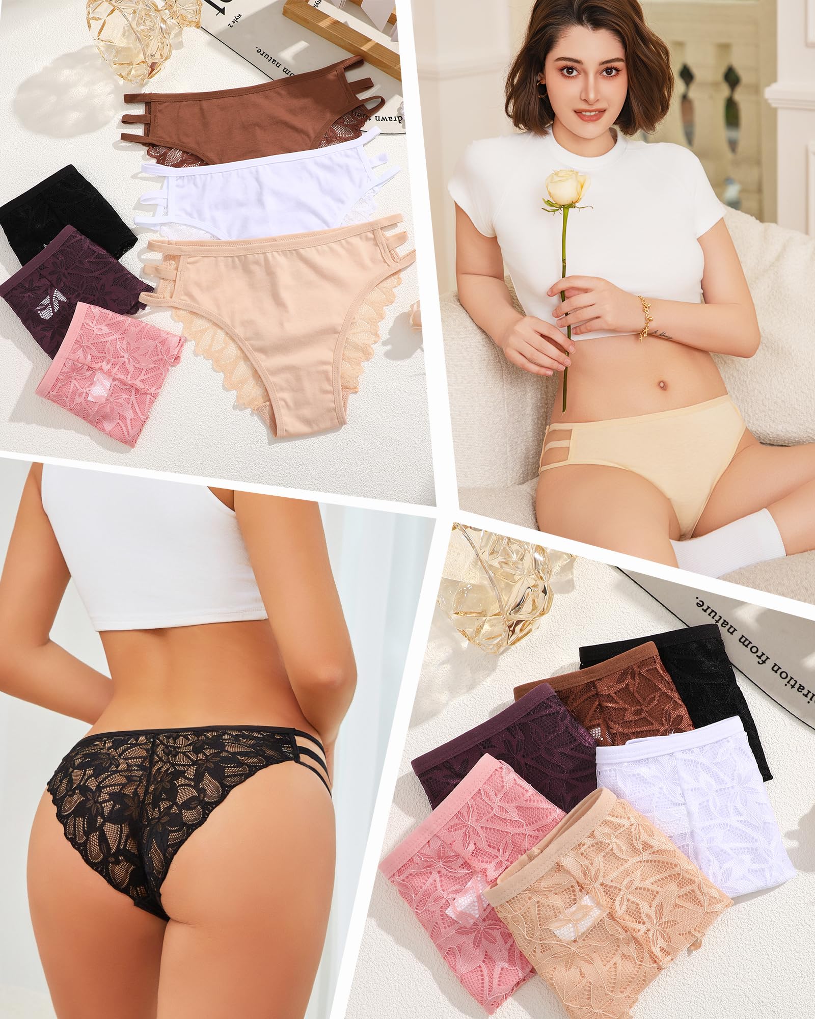 READY TO LOVE Sexy Lace String Underwear Women Pack Cheeky Bikini Stretch Breathable Ladies Underwear Panties: Black / Grape Purple / Caramel / Nude / White / Pink Large