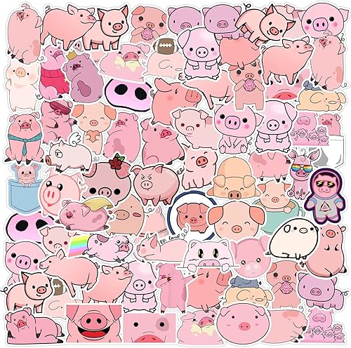 Calcomanías de cerdo Tuqiso 50 piezas Kawaii de dibujos animados rosa de cerdito para niños, impermeable, calcomanías de animales lindos para