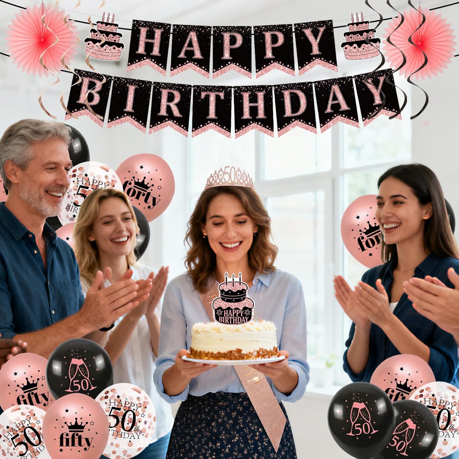 50th Birthday Decorations for Women, Rose Gold 50 Birthday Crown and Sash, Black and Pink 50 Years Banner Balloons Backdrop Hanging Swirls Paper Fans, 50 Years Old Party Supplies - Image 5