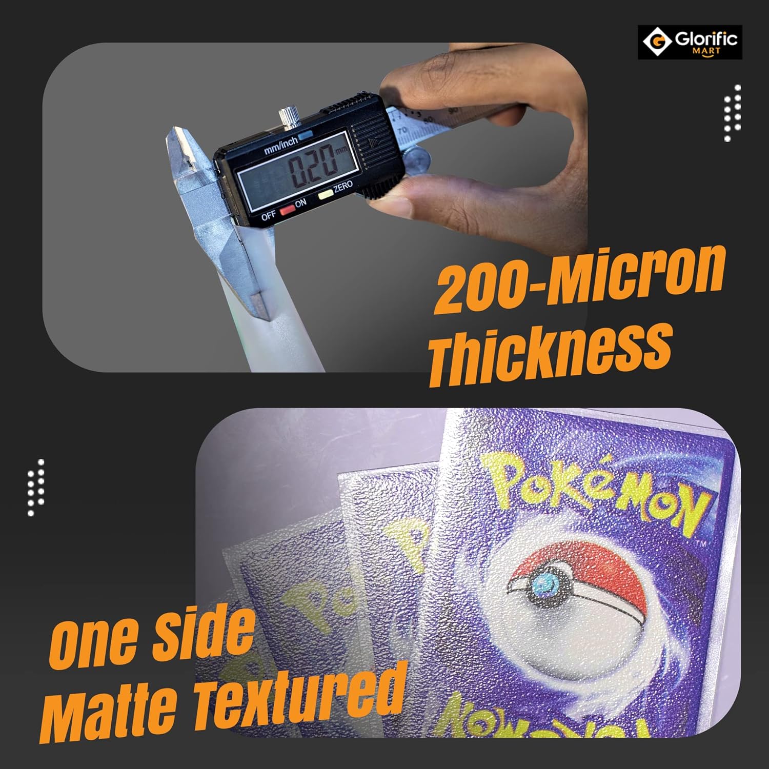 Glorific Mart Card Sleeves Pack of 100 Matte Texture Top Loaders Deck Protectors for Trading Pokemon Cards, Magic The Gathering, Keyforge Standard Size 66 x 91mm (200 Micron Thickness) - BigaMart Glorific Mart Card Sleeves Pack of 100 Matte Texture Top Loaders Deck Protectors for Trading Pokemon Cards, Magic The Gathering, Keyforge Standard Size 66 x 91mm (200 Micron Thickness) - BigaMart