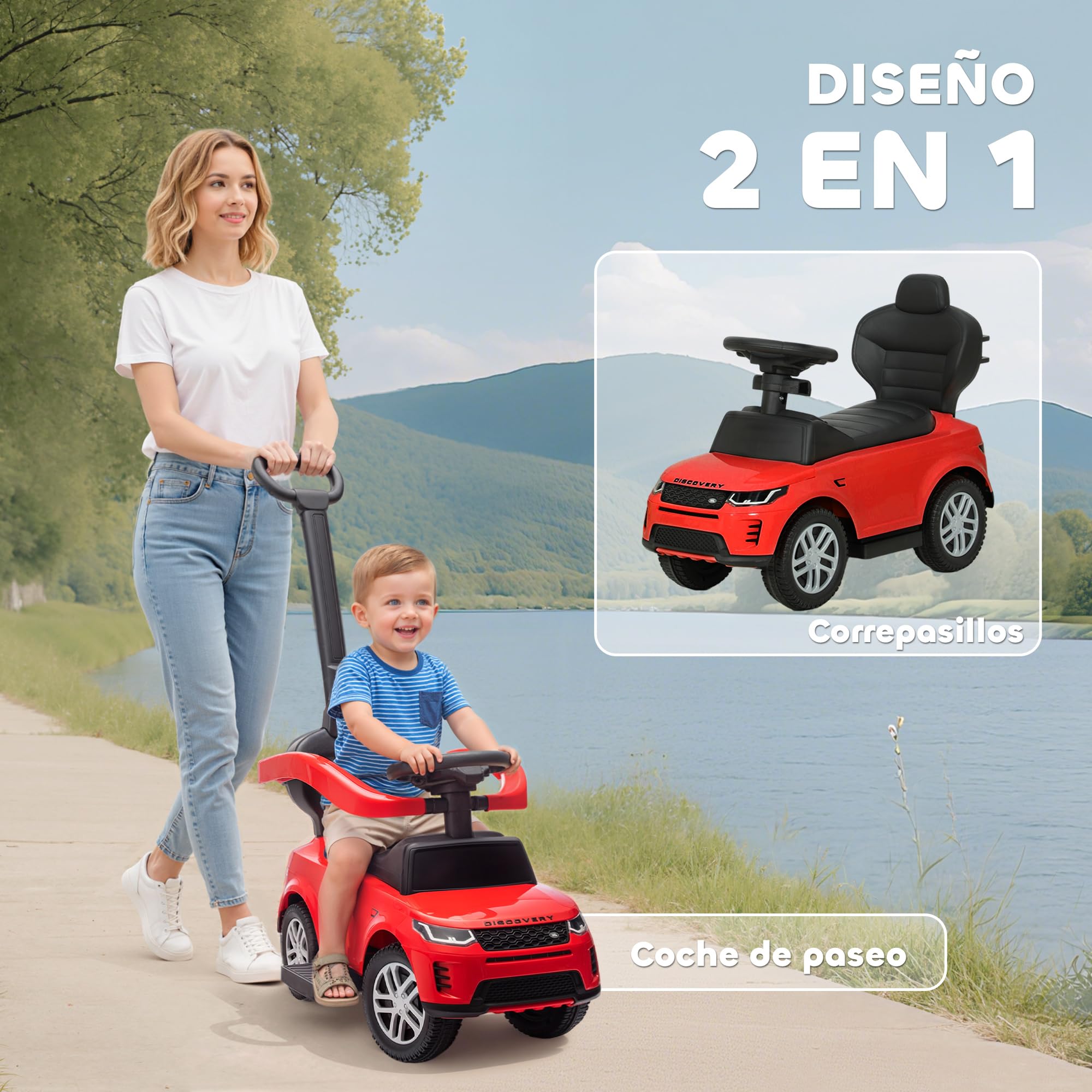 AIYAPLAY Coche Correpasillos 2 en 1 para Niños de 18-36 Meses Land Rover Discovery, Correpasillos con Espacio de Almacenaje, Bocina, Volante, Mango de Empuje y Barandilla Extraíbles, Rojo