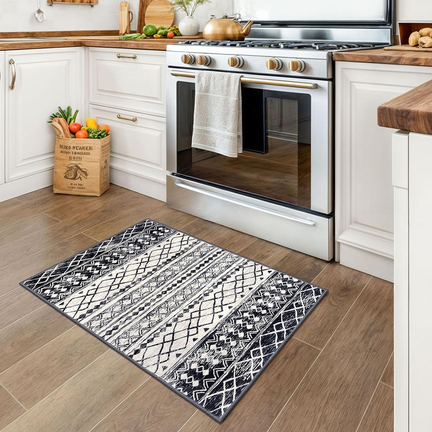 KUTA Moroccan Area Rugs 2x3, Black Navy Blue Entryway Rug Non-Slip Washable Small Indoor Door Mat, Ultra Soft Print Vintage Geometric Low-Pile Floor Carpet for Entrance, Kitchen