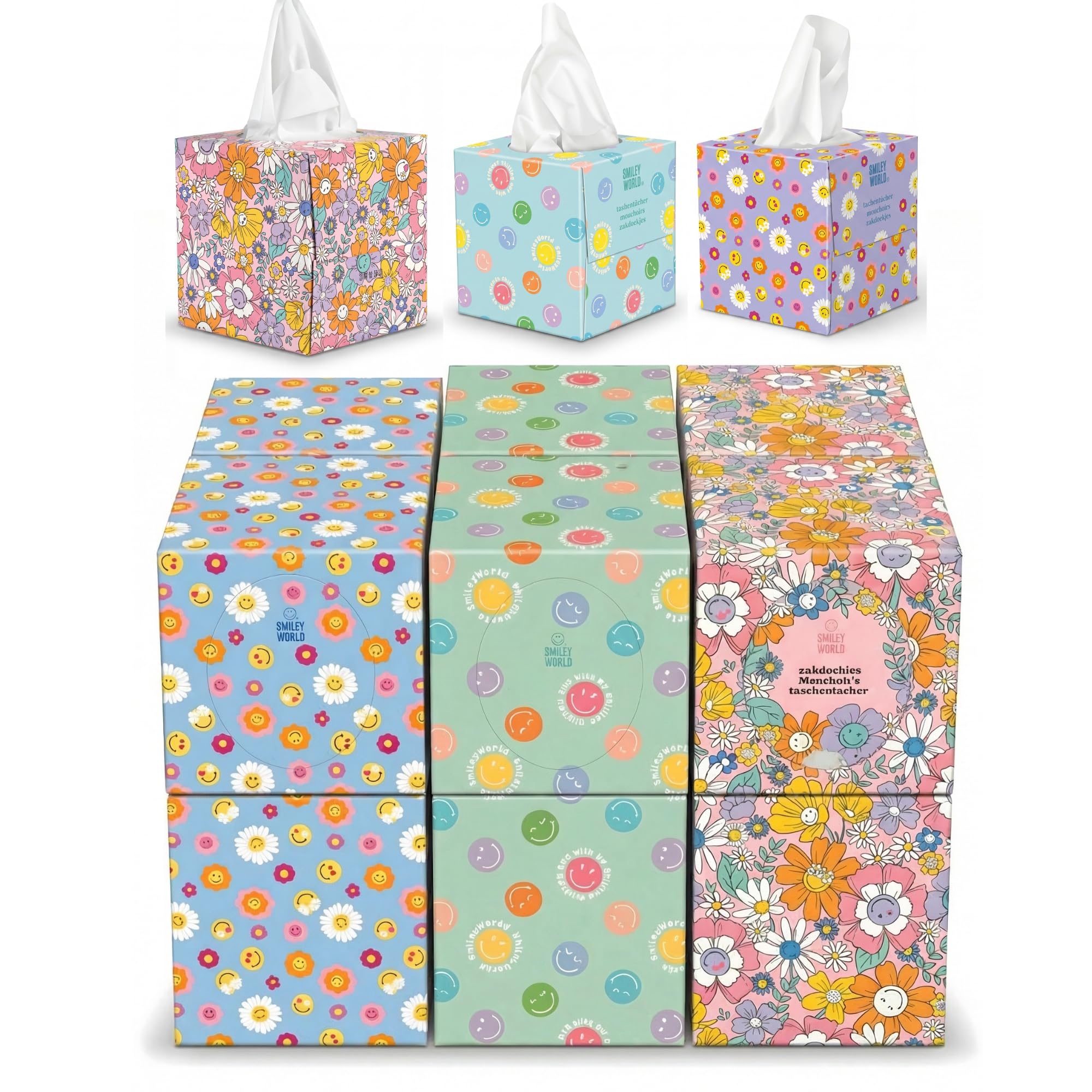 SMILEYWORLD Mouchoirs Ultra-Doux – 12 Boîtes Cube x 48 Feuilles (576 Feuilles) – 3 Plis – 3 Designs – Mouchoirs en Papier Résistants et Saugants (BLOOM EDITION)