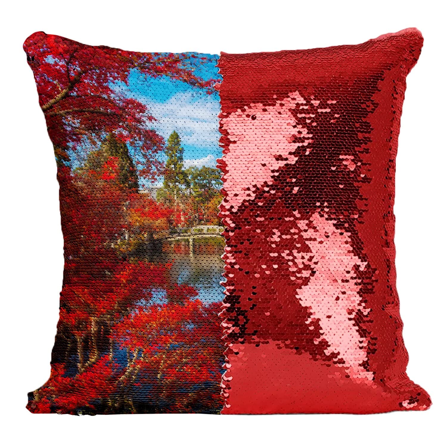 Coussin sequin paysage japonais rouge, une idee de cadeau originale pour passionne de deco