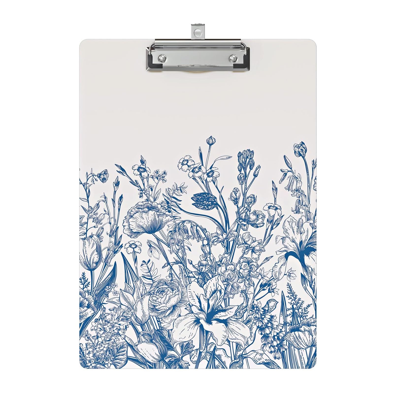 Portablocco decorativo in legno, formato A4, formato lettera, per aula e ufficio, dimensioni standard 22,9 x 31,8 cm, con clip in metallo a basso profilo, fiore blu