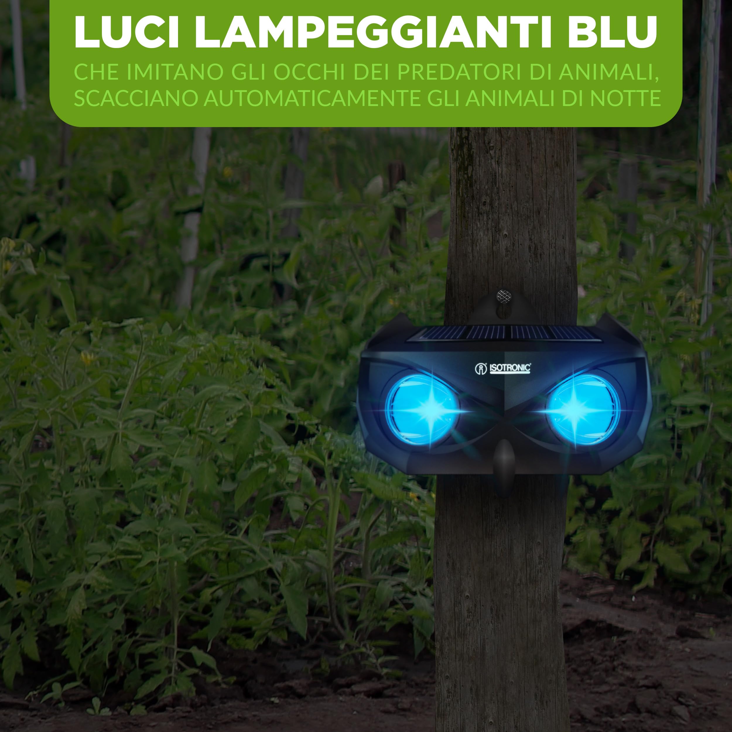 ISOTRONIC Repellente Solare Animali Selvatici LED Blu (4 Pezzi), Dissuasore per Procioni Cervi Volpi Cinghiali, Raggio d'azione 40m², Deterrente Efficace Esterno e Giardino Senza Veleni