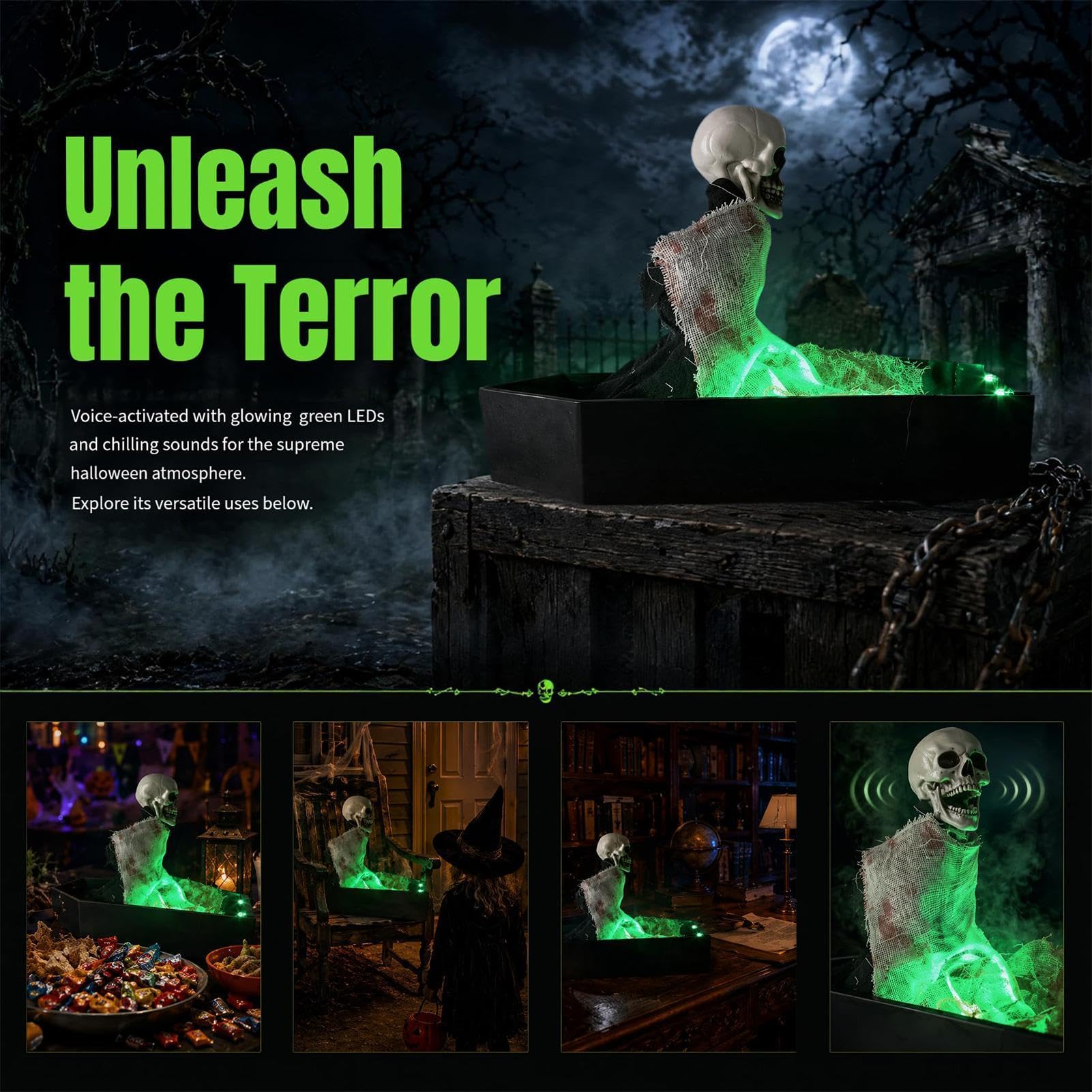 Esqueleto de Halloween Accesorio De Terror Activado Por Voz En Ataúd | Decoración de Halloween para Exterior Esqueleto con Sonidos Aterradores y Luz LED Verde Para Patio Casa Encantada