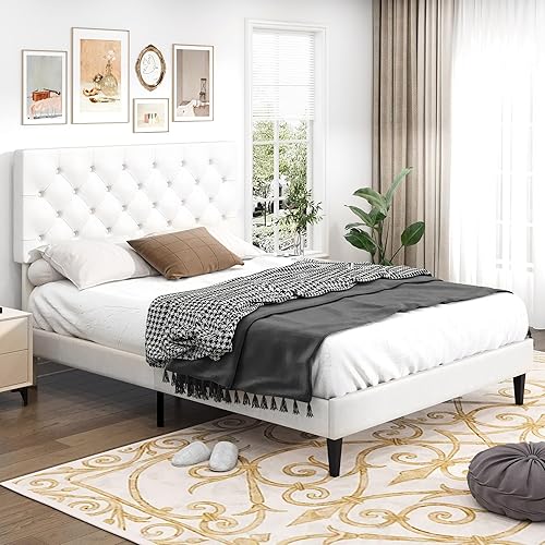 Miniatura 3 de Base de cama de tamaño matrimonial con cabecero, cama de plataforma tapizada con cabecera capitonada con botones ajustables, marco de cama de tela