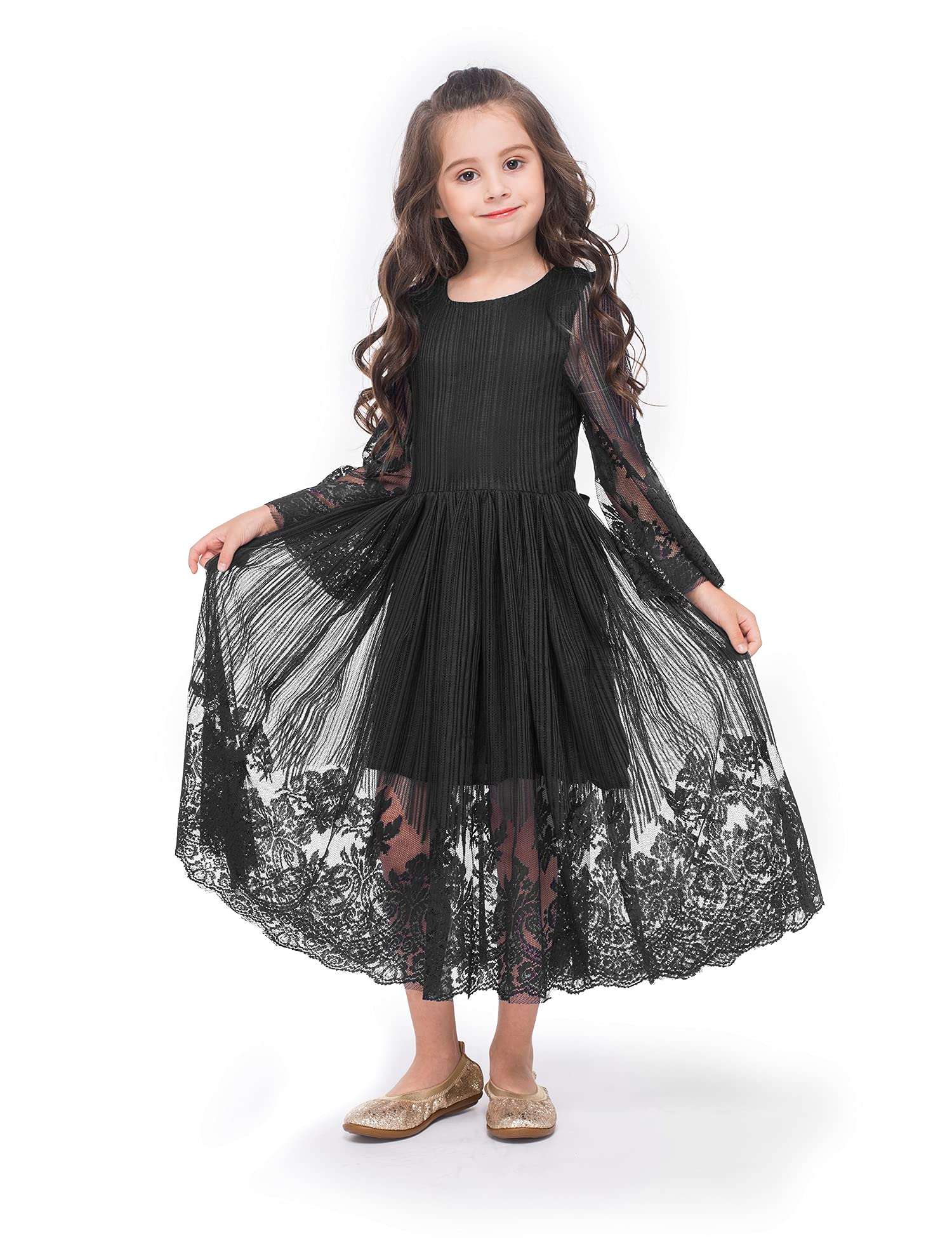 GAZIAR Girls Lace Dress Long Sleeve Flower Dress for Kids Midi Floral Dress Casual Party Wedding Birthday Black 8-9Y