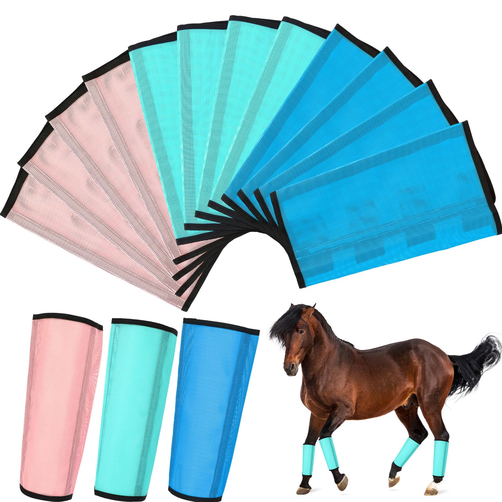 Bulyoou Set of 12 Mesh Fly Boots - Breathable, Protective Horse Leg Loose Wraps - Prevents Flies & Mosquitoes Bites (Blue, Light Pink, Light Green)