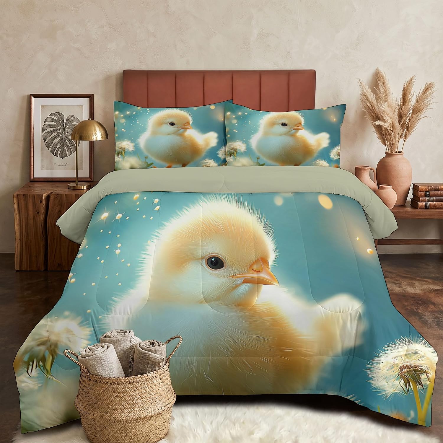 3 Piece Quilts Twin Size Bedding Set, Pale Yellow Lightweight Bedspread, Soft Microfiber, Chicken Dandelion Pattern for All Season Bed Coverlet with 2 Pillow Shams, 68"X90"