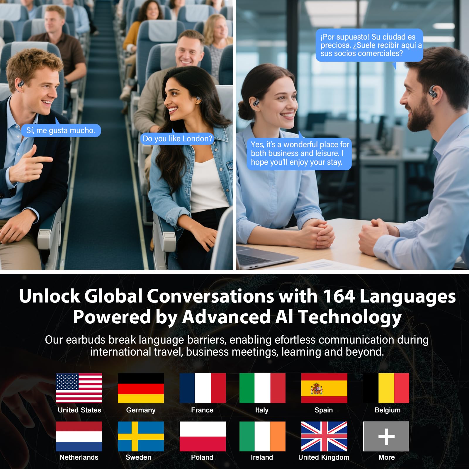 Auriculares traductores, 5 modos, Bluetooth 5.2, traductor de voz en tiempo real para viajes, 50 h de duración de la batería