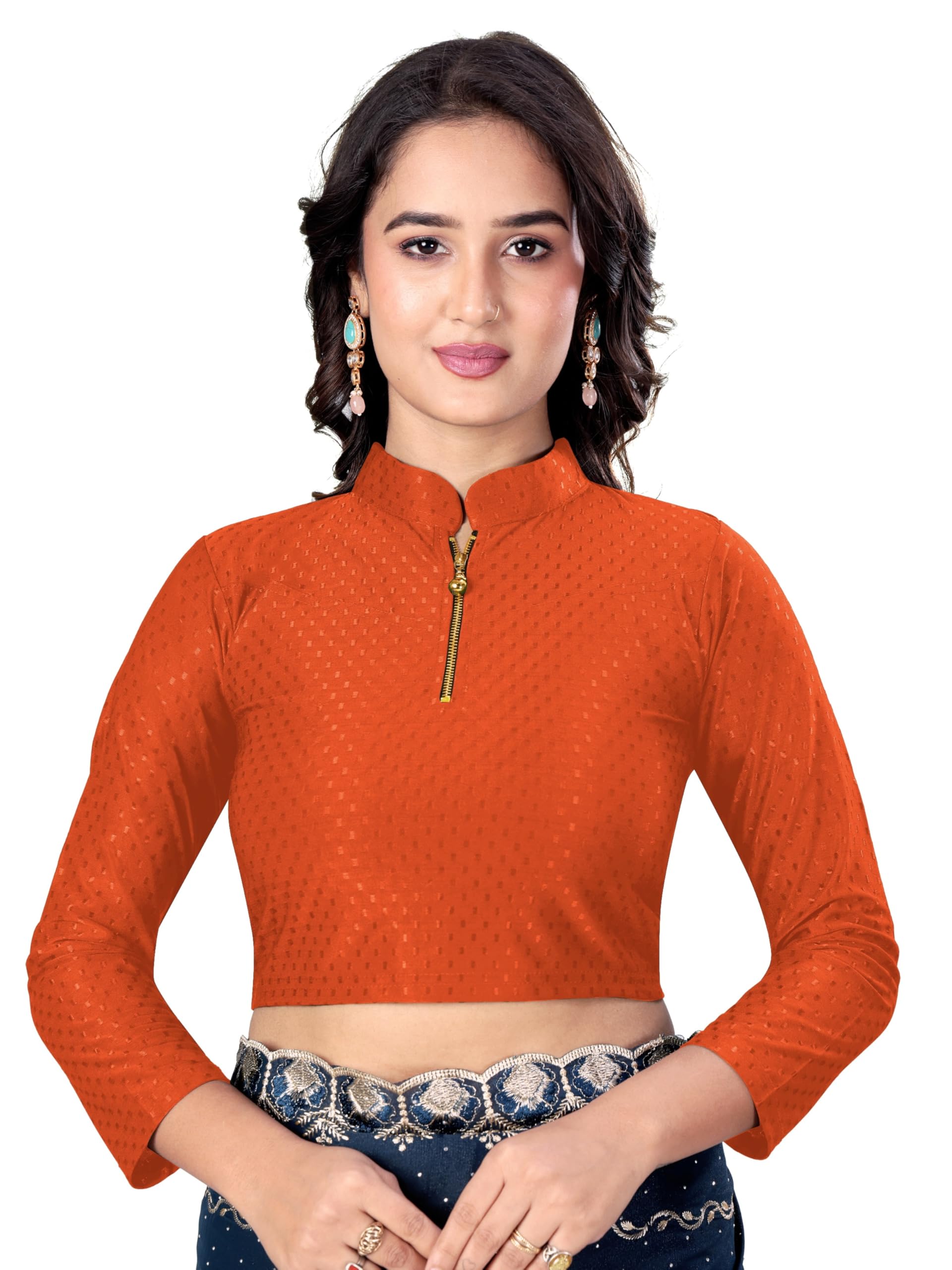 Women's Festival Wear & Stylish Chain Zip Blouse Collared Neck 3/4 Length Sleeve Stretchable Cotton Blend Readymade Casual for Saree Blouse-picture-22