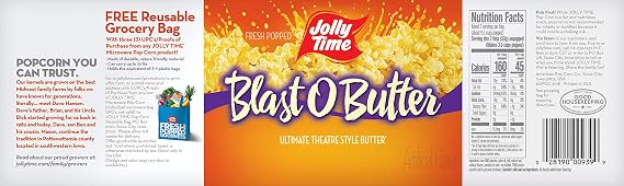JOLLY TIME Blast O Butter | Ultimate Movie Theater Style Microwave Popcorn with Extra Buttery Flavor, Palm Oil, Salt and Non GMO Kernels ,3.2 Oz,Pack of 24