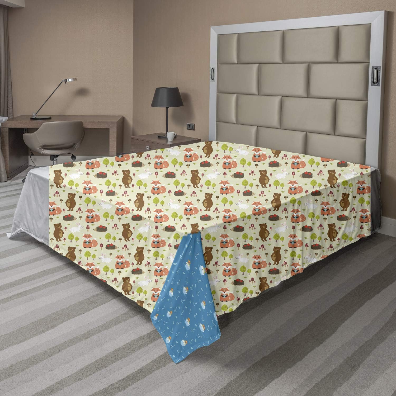 Ambesonne Cartoon Flat Sheet, Forest Doodle with Bears Hedgehog Fox Trees Mushrooms Fantasy World Happiness, Soft and Comfortable Top Sheet Decorative Bedding 1 Piece, Full Size, Multicolor