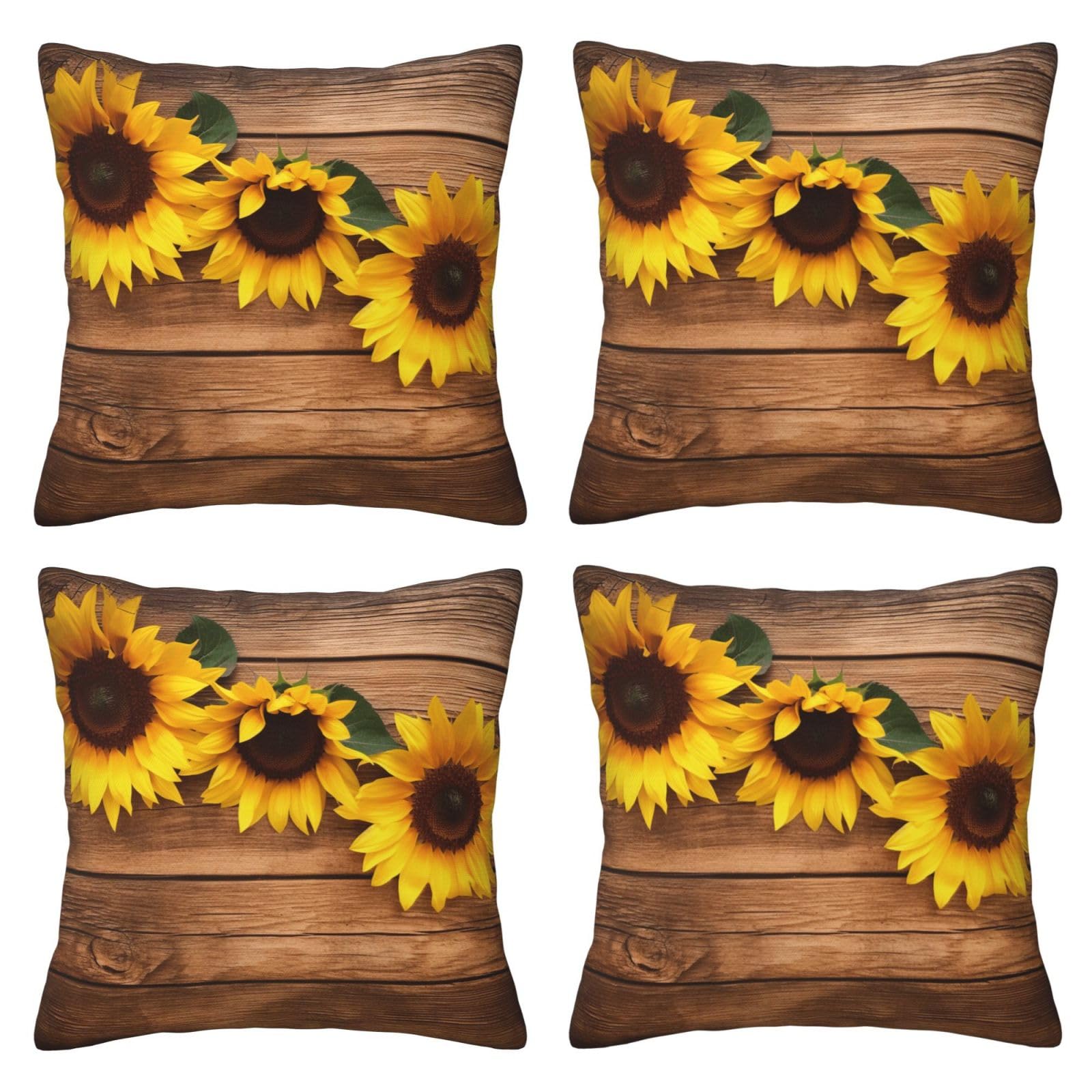 Sunflower on Wood Plank Throw Pillow Cases 4 Pack Square Pillowcases Super Soft Pillow Protectors With Zipper for Couch Livingroom Sofa Bed Office Car,30x30 CM
