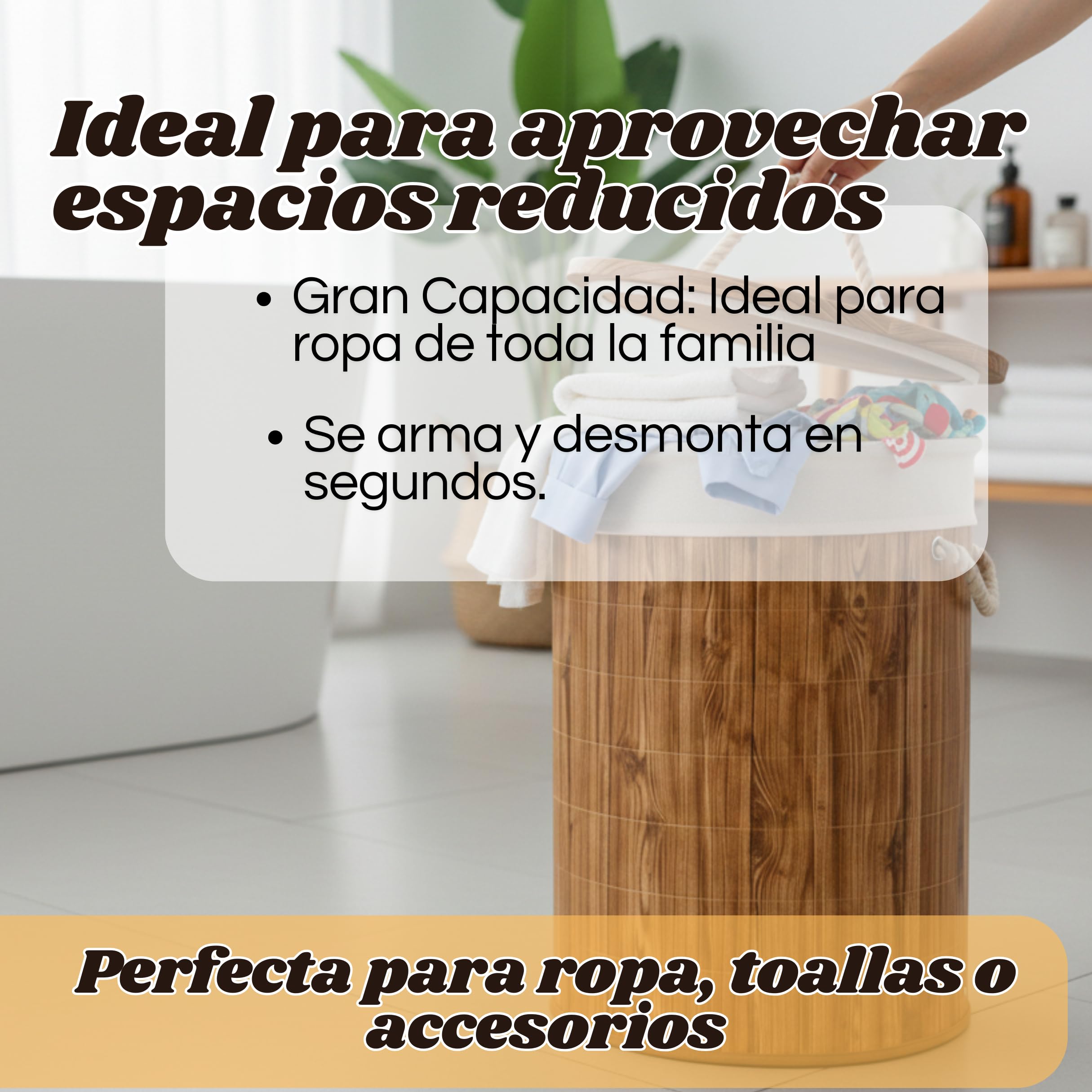 Weida Cesto de la Ropa Sucia de Bambú | Rectangular con Tapa y Asas Plegable | Bolsa Extraíble y Lavable |Moderno, para baño o Dormitorio | Marrón Madera (50cm-35cm Redondo) - 5