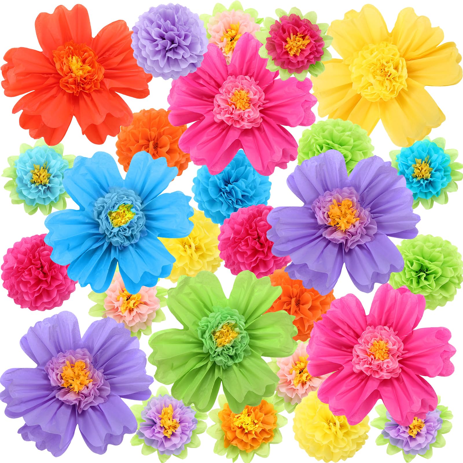 Chivertion 44 Pcs Large Colorful Fiesta Tissue Paper Flowers (20"-10" Assorted) Pom Poms Mexican Paper Flowers for Party Wedding Birthday Bridal Baby Shower Wall Backdrop Nursery Decor (Vivid Color)
