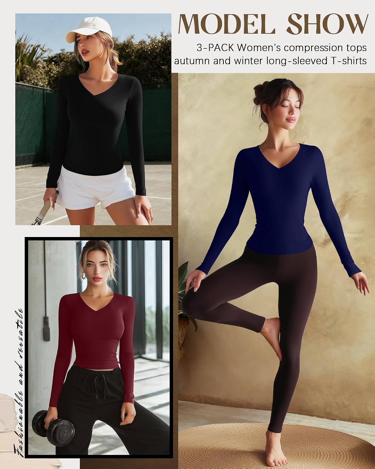 3 Pack Women's Long Sleeve V Neck Shirts Compression Yoga Athletic Tops Slim Fit Running Tees Workout Undershirts