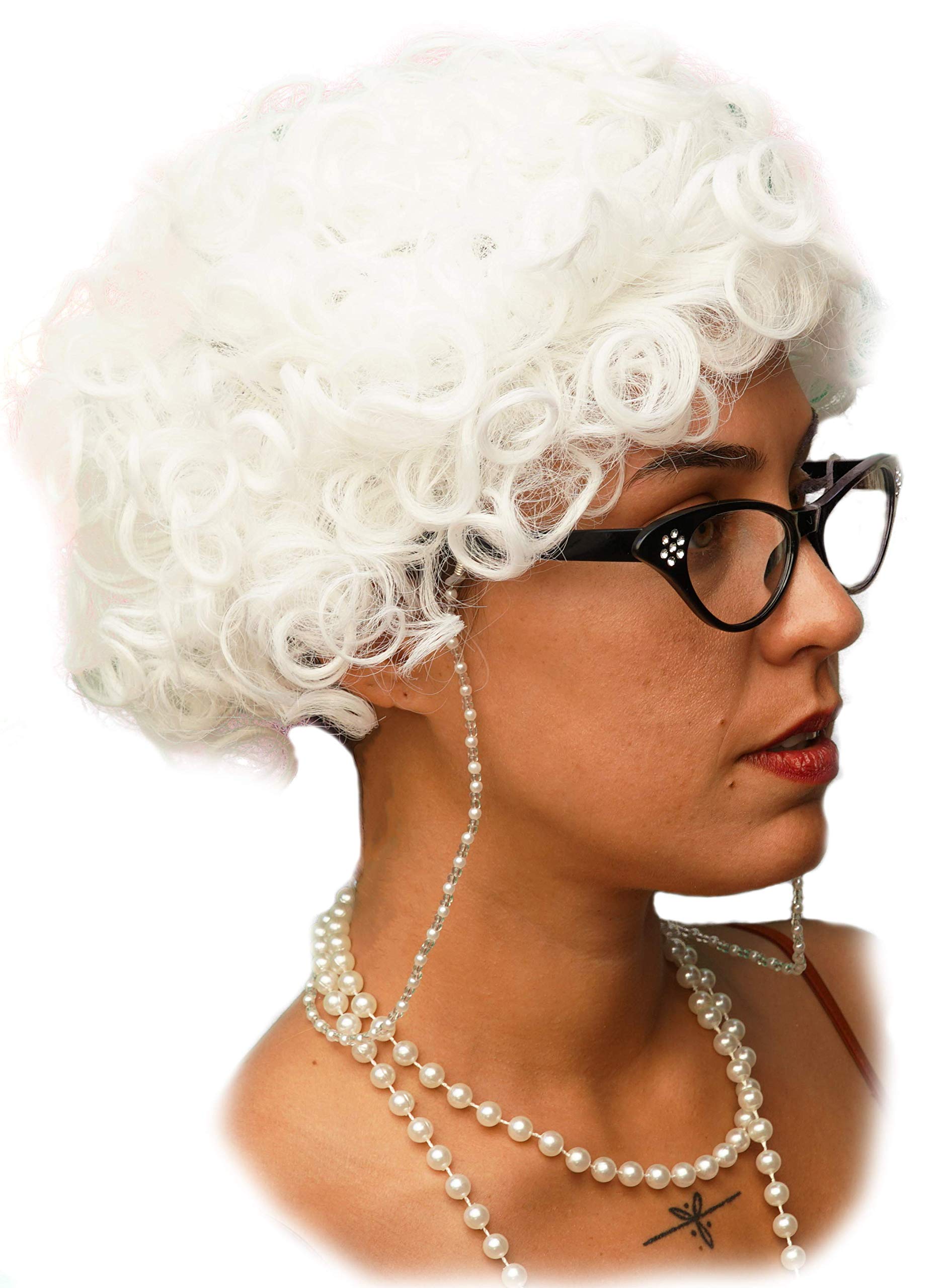 Vibe Old Lady wig Costume Set, Gray Hair Granny Wig with pearl necklace, glasses, glass chain Accessories, 5 pieces total, White Curly, Fits Most