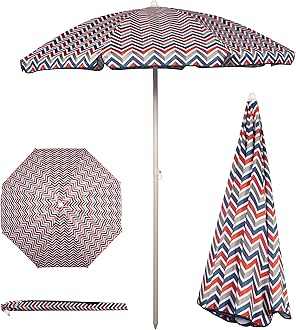 PICNIC TIME 5.5 Ft Portable Beach Umbrella, Lightweight UV Protection Sunshade with Tilt Pole & Carry Bag, Outdoor Canopy Umbrella for Beach, Sand, Pool, Patio, Camping, Travel, or Backyard Shade, (Vibe Collection - Navy Blue, Orange, & Gray Pattern)