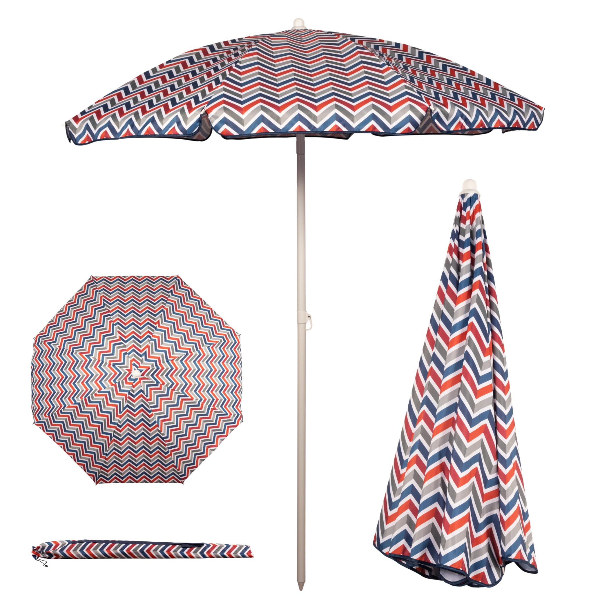 PICNIC TIME 5.5 Ft Portable Beach Umbrella, Lightweight UV Protection Sunshade with Tilt Pole & Carry Bag, Outdoor Canopy Umbrella for Beach, Sand, Pool, Patio, Camping, Travel, or Backyard Shade, (Vibe Collection - Navy Blue, Orange, & Gray Pattern)
